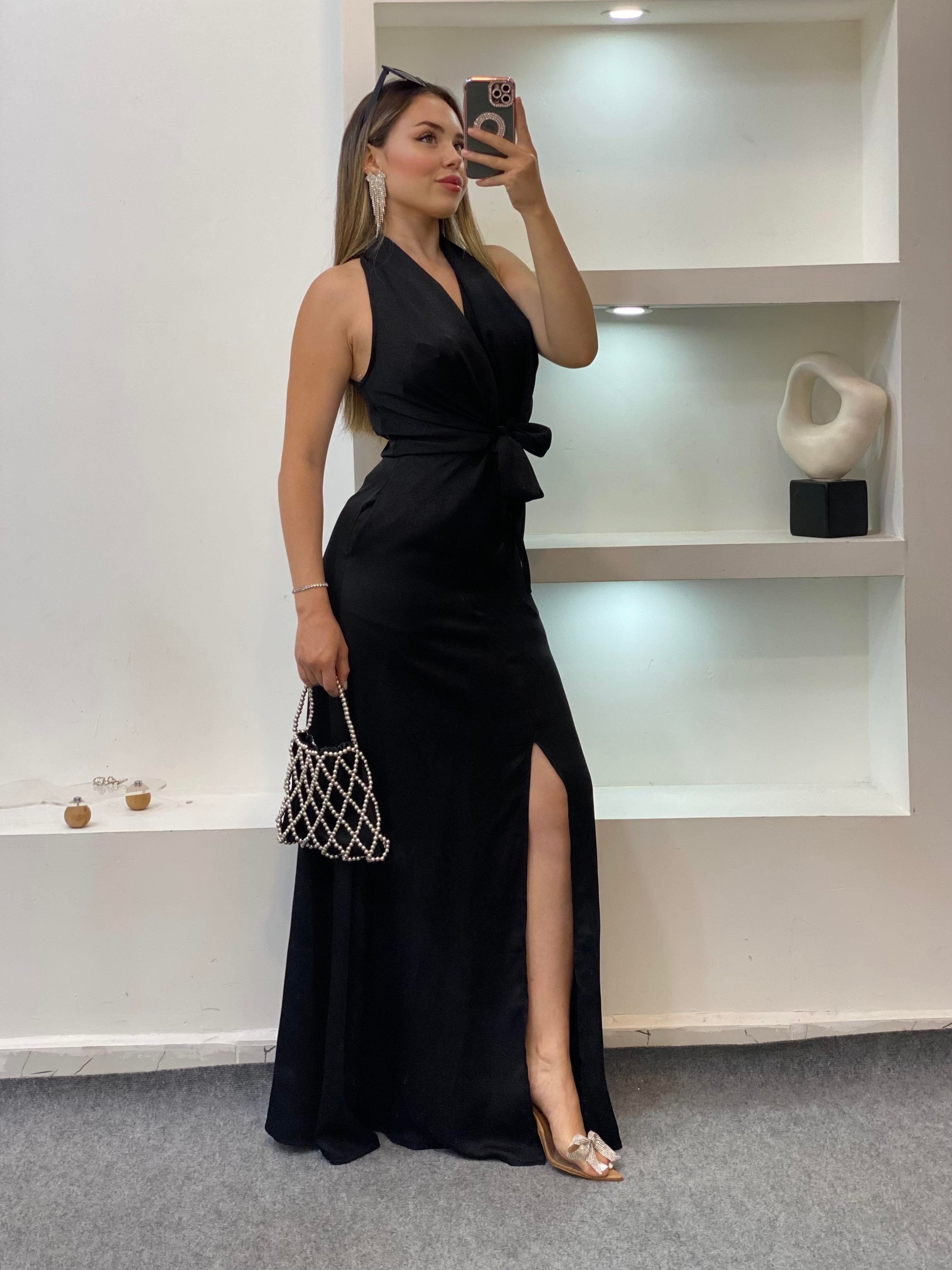 Siyah Maxi Boy Önü Bağlamalı Model Elbise