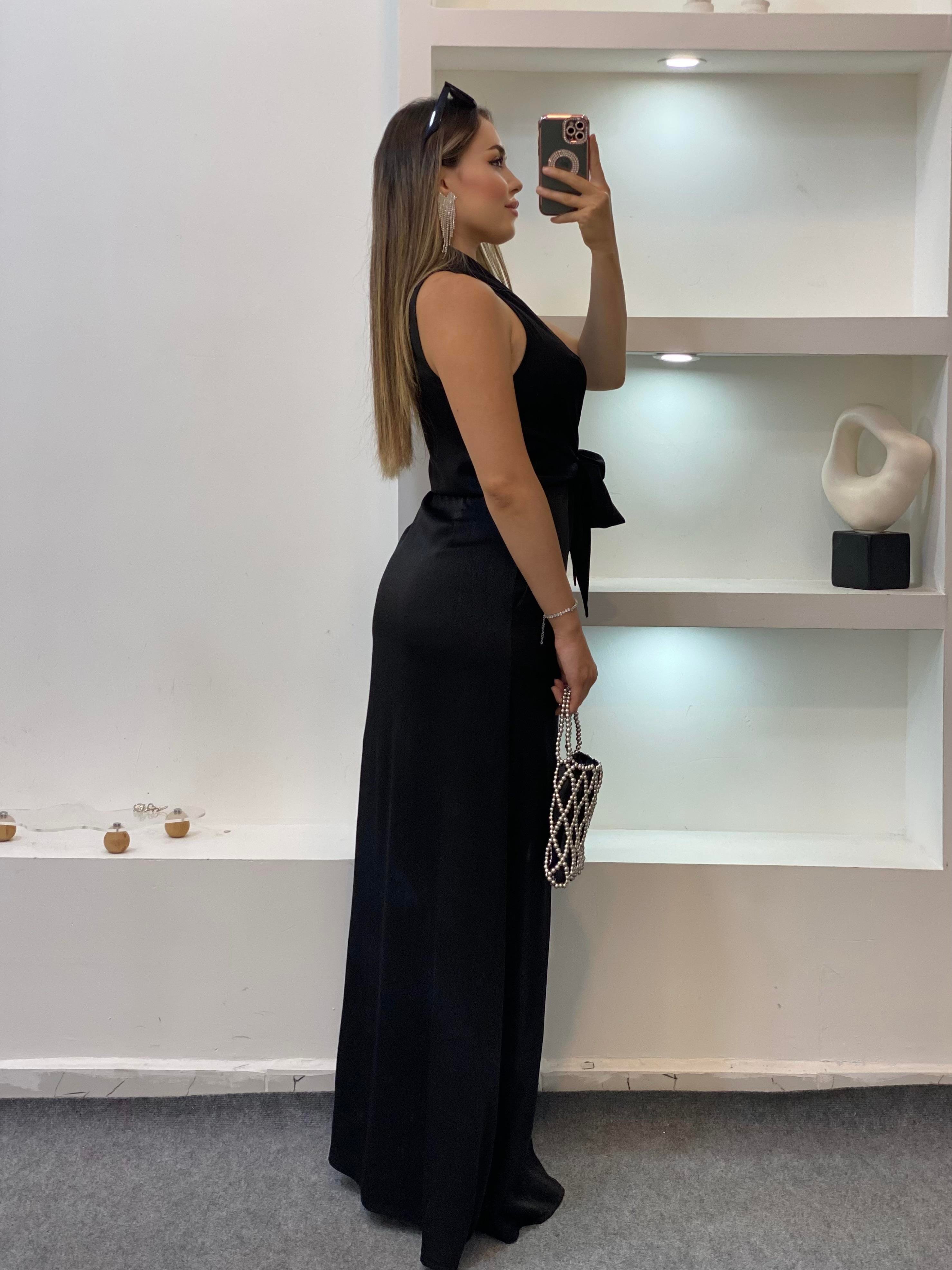 Siyah Maxi Boy Önü Bağlamalı Model Elbise