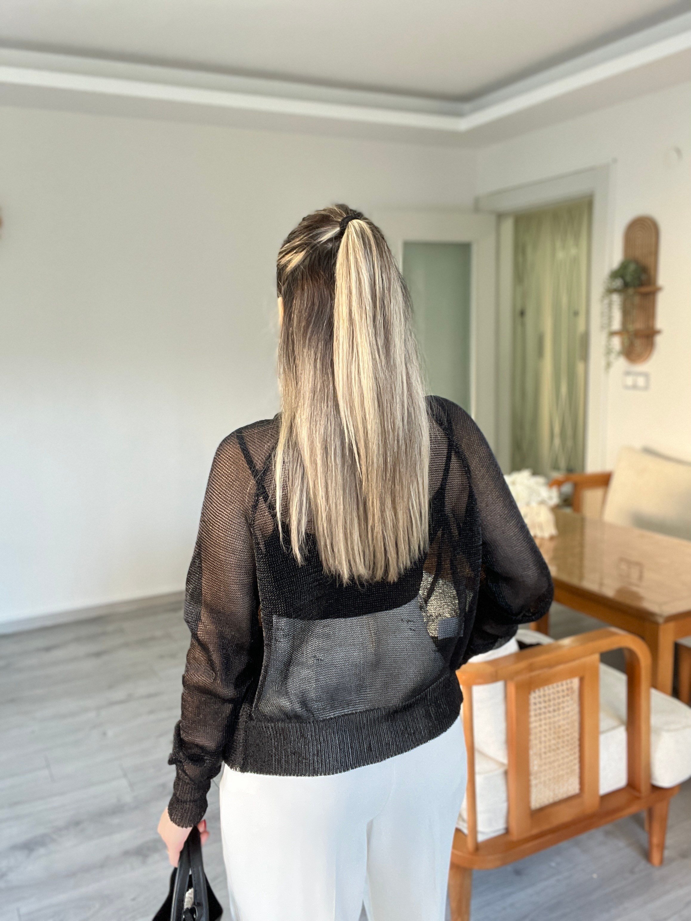 Siyah Metalik Fermuarlı Hırka