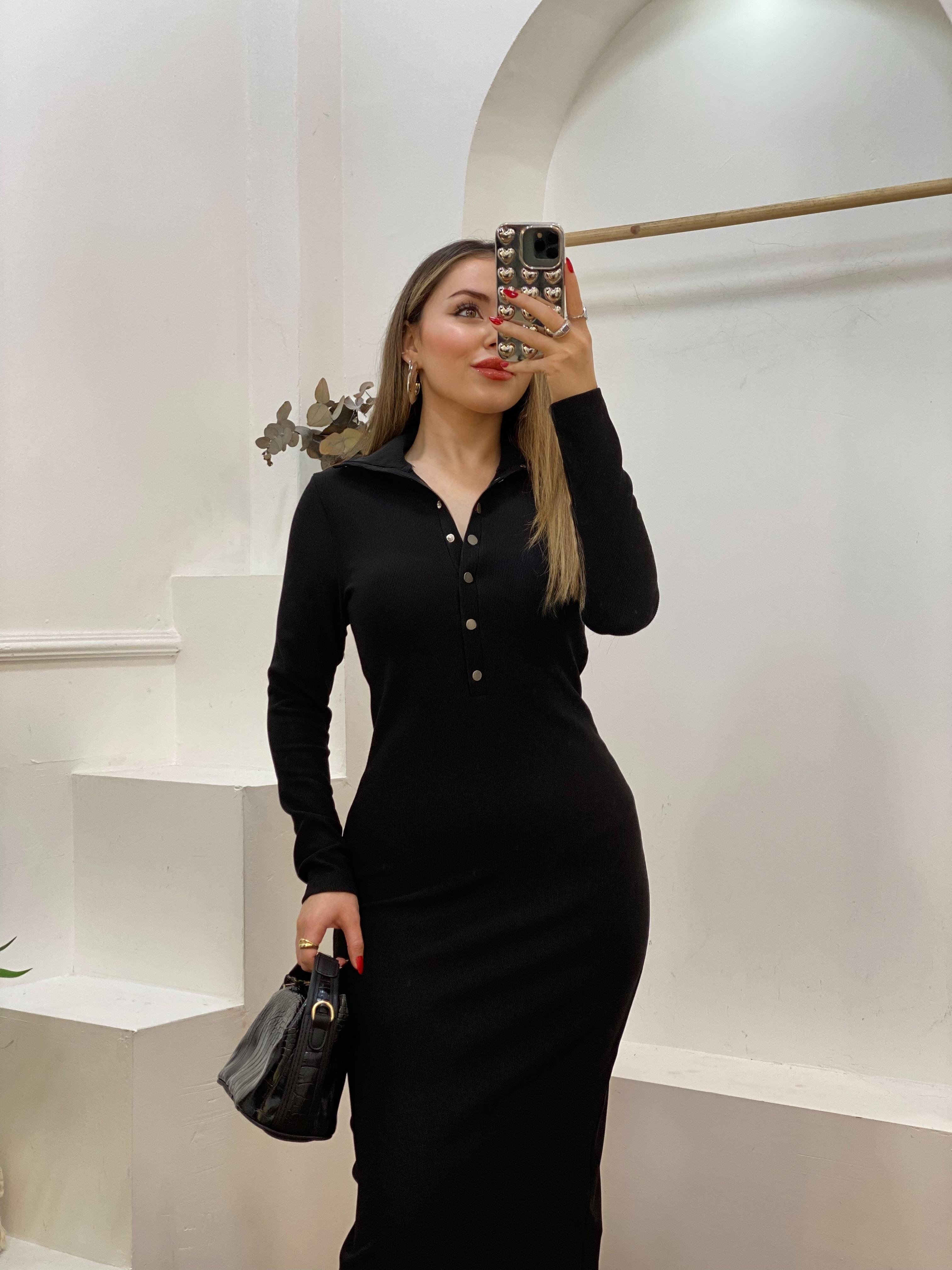 Siyah Önü Çıtçıtlı Ottoman Kumaş Elbise