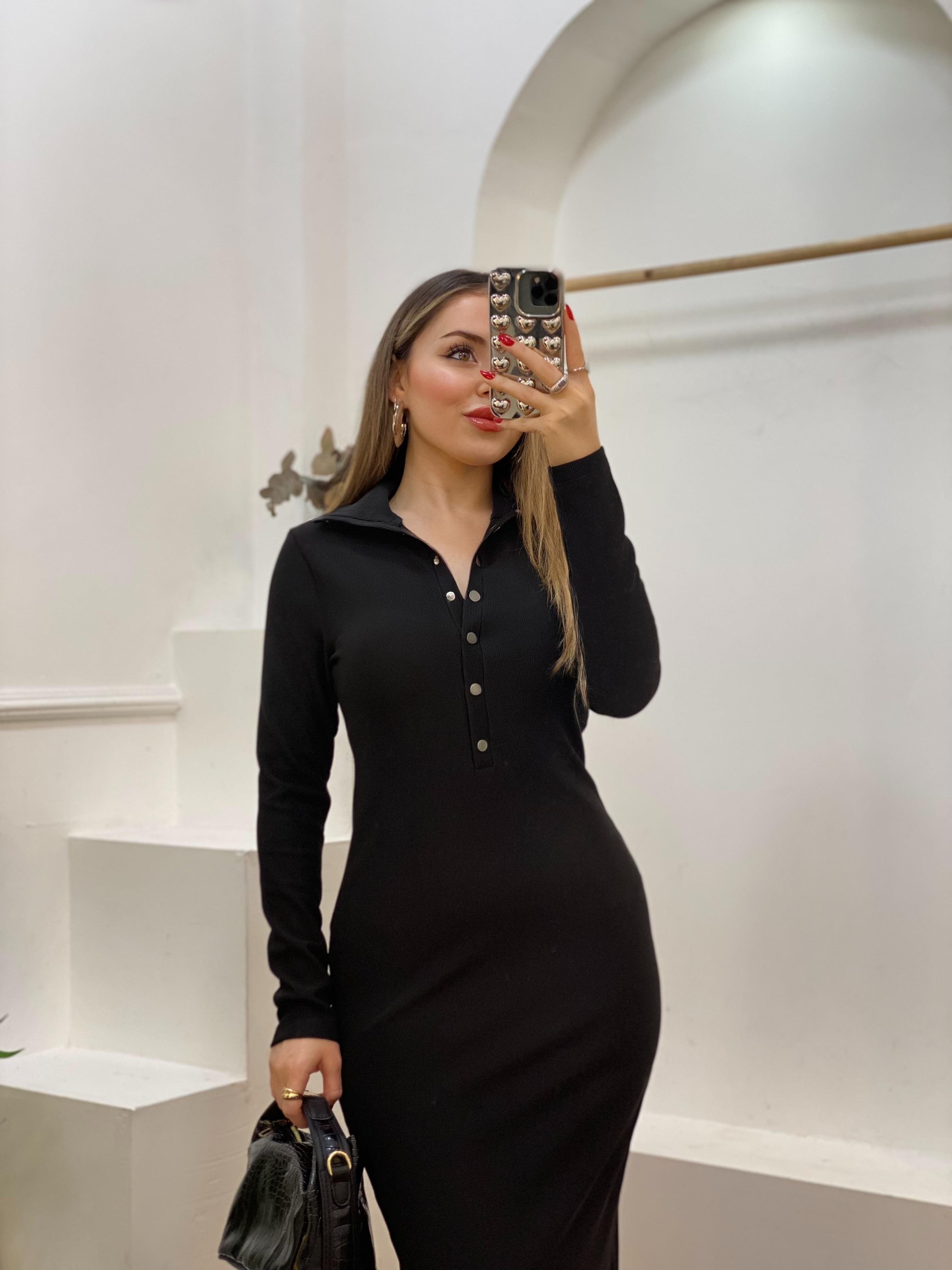 Siyah Önü Çıtçıtlı Ottoman Kumaş Elbise