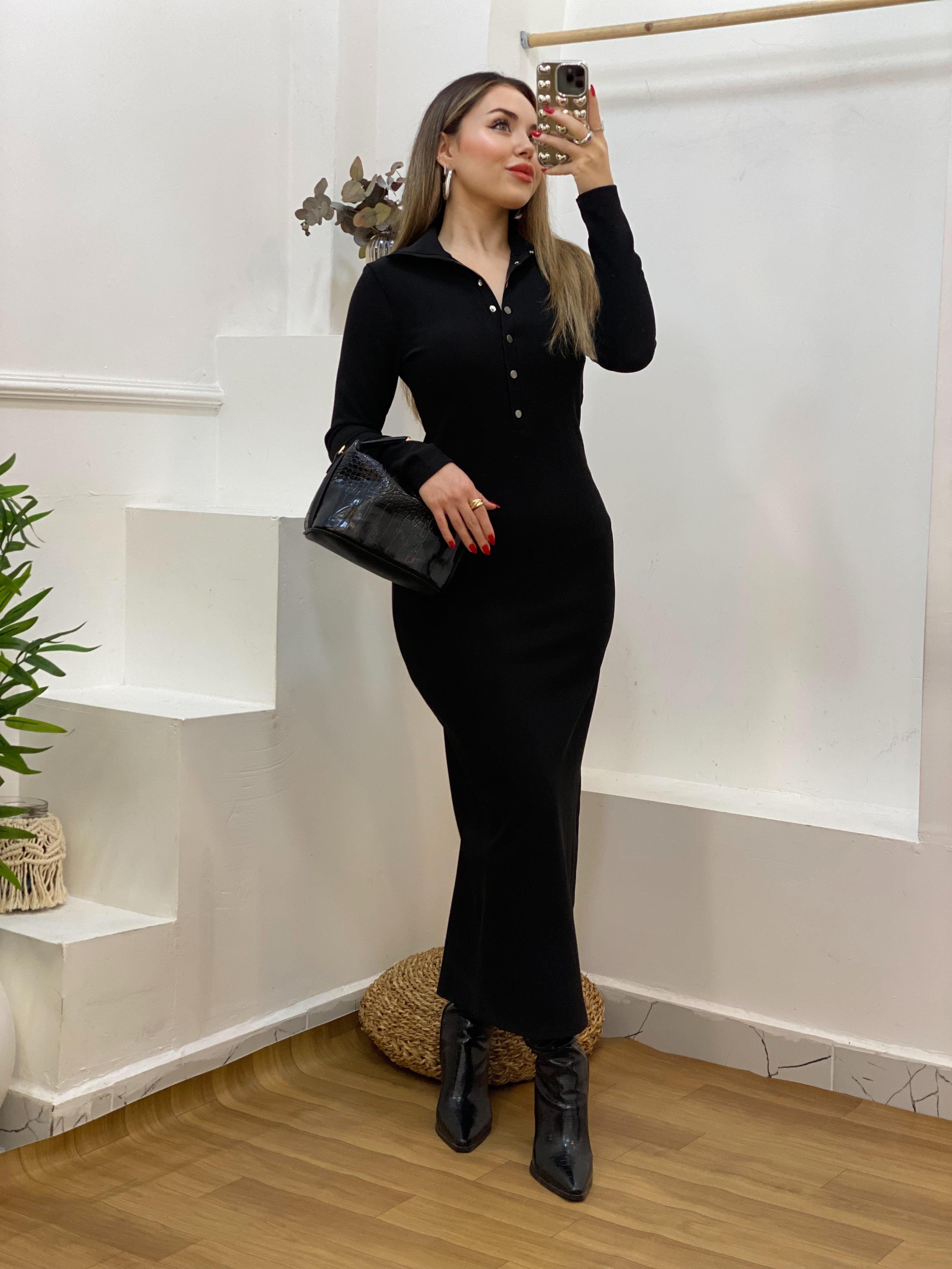 Siyah Önü Çıtçıtlı Ottoman Kumaş Elbise