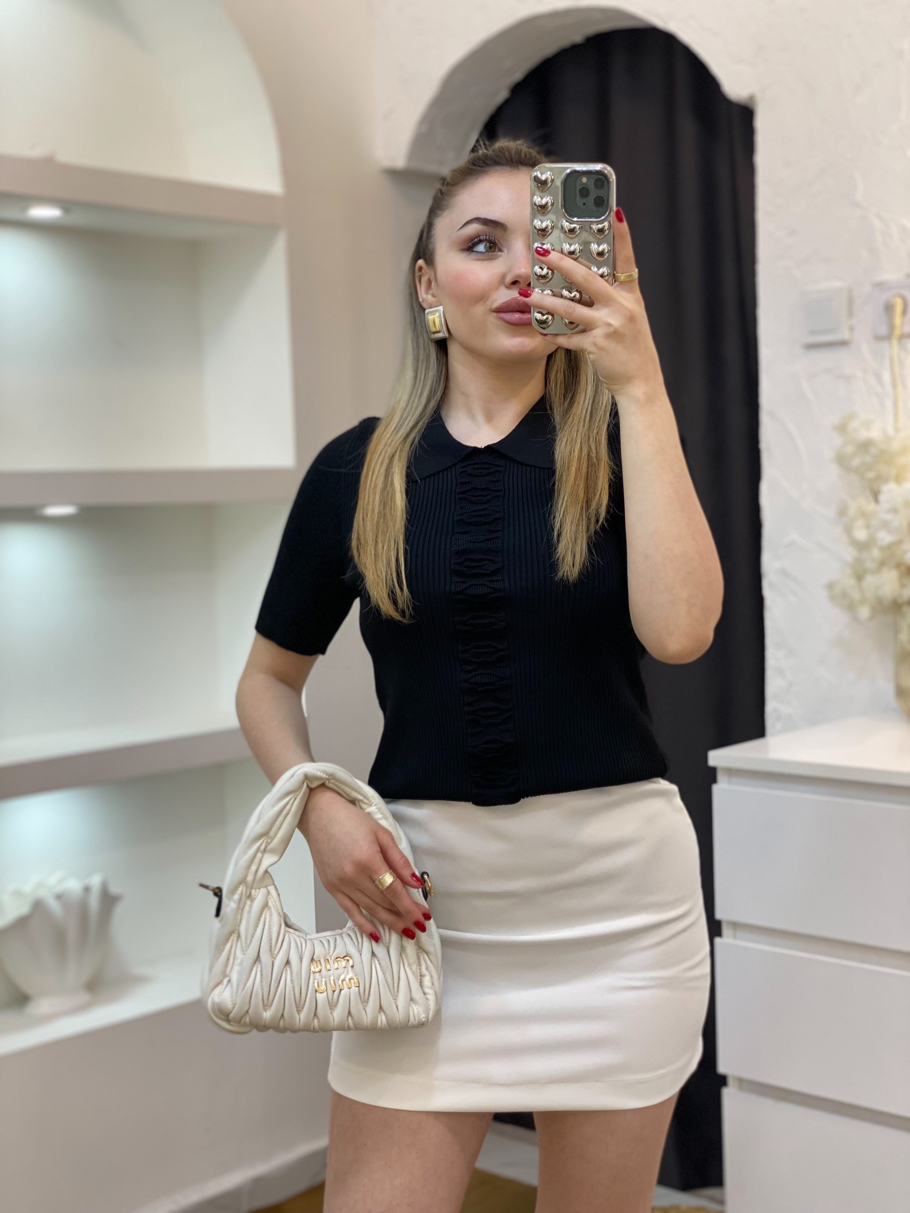 Siyah Önü Desenli Elit Triko Bluz