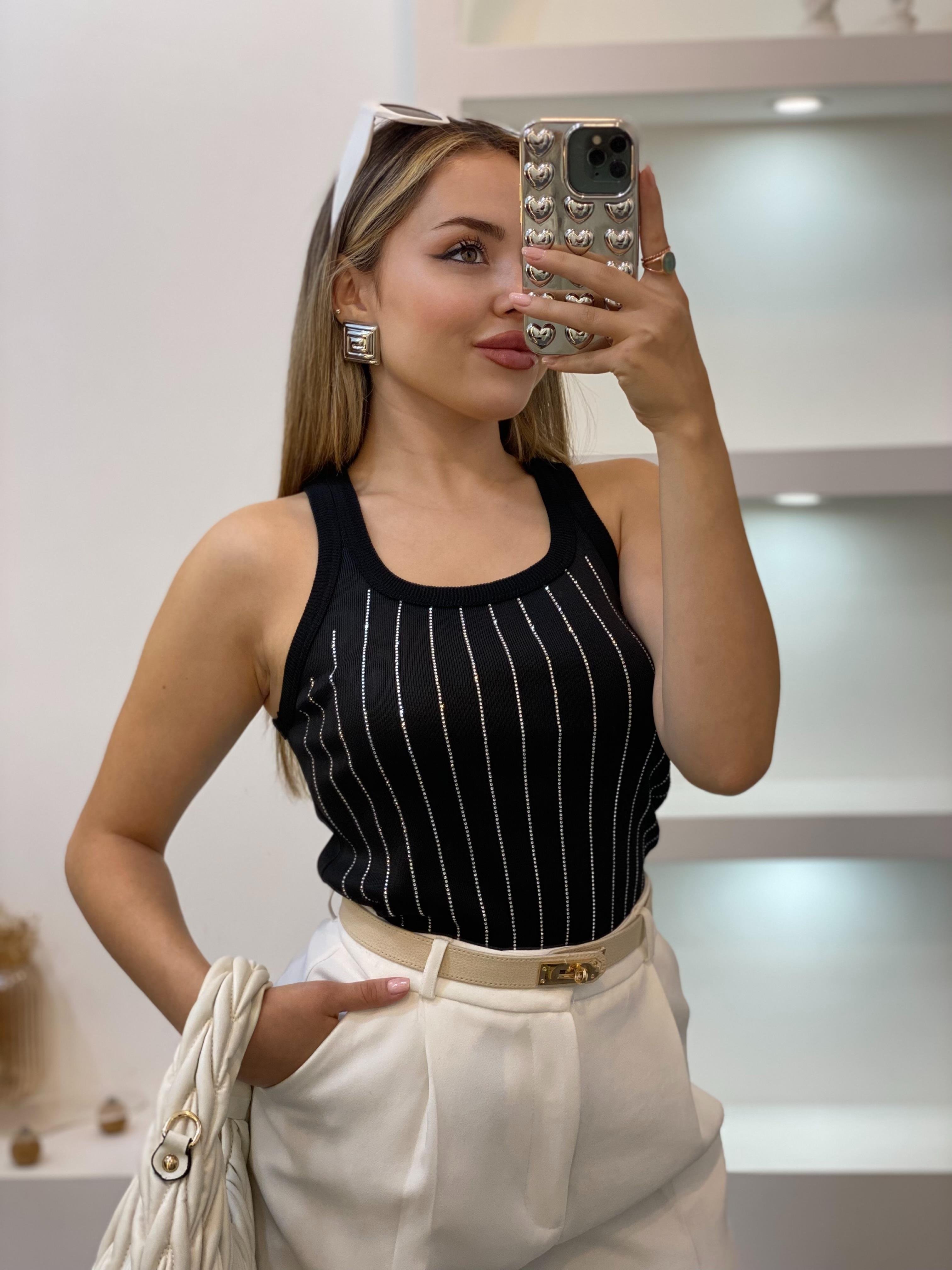 Siyah Önü Parıltılı Taşlı Kalın Askılı Triko Bluz