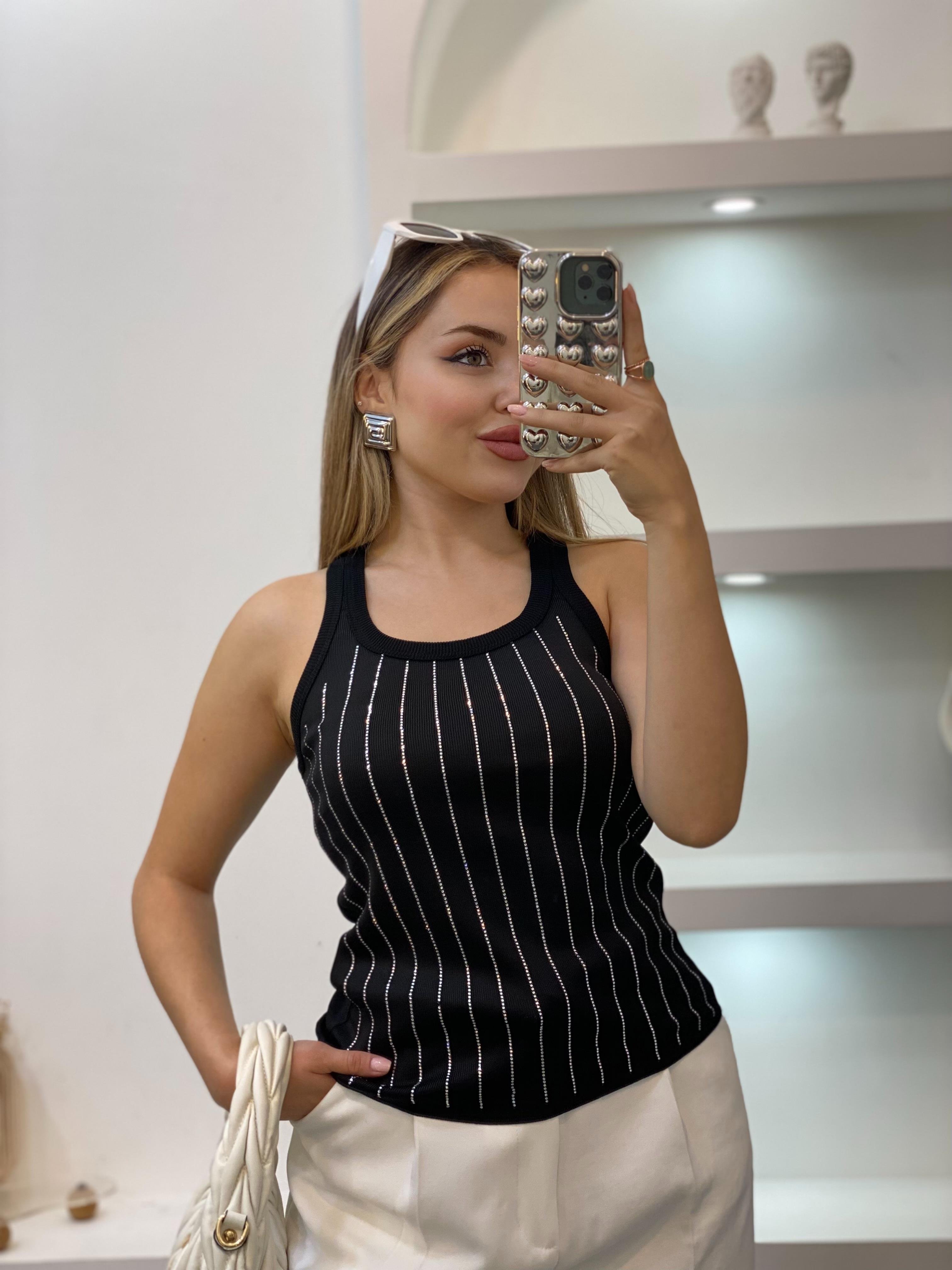Siyah Önü Parıltılı Taşlı Kalın Askılı Triko Bluz