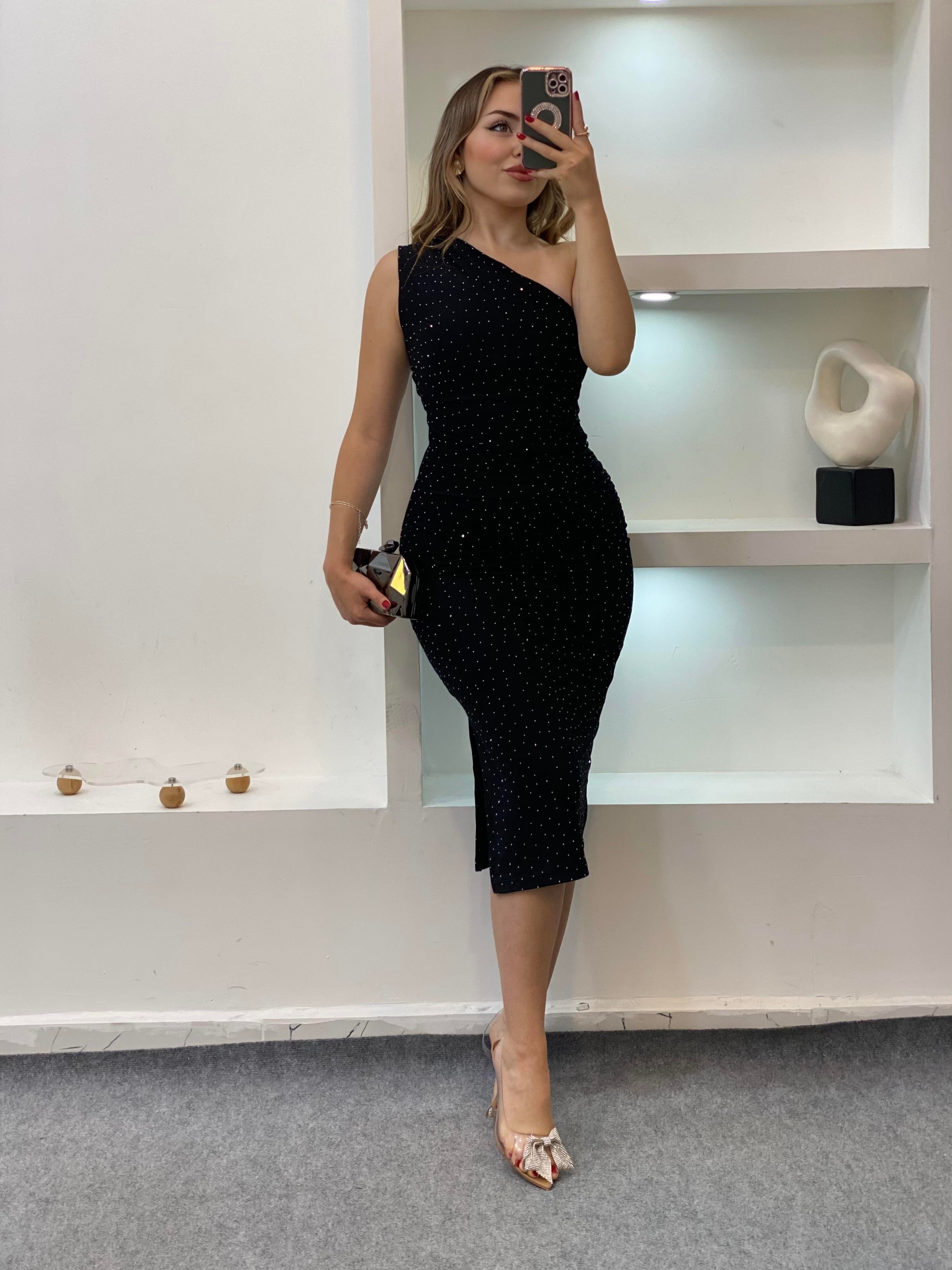 Siyah Parıltılı Taşlı Elbise