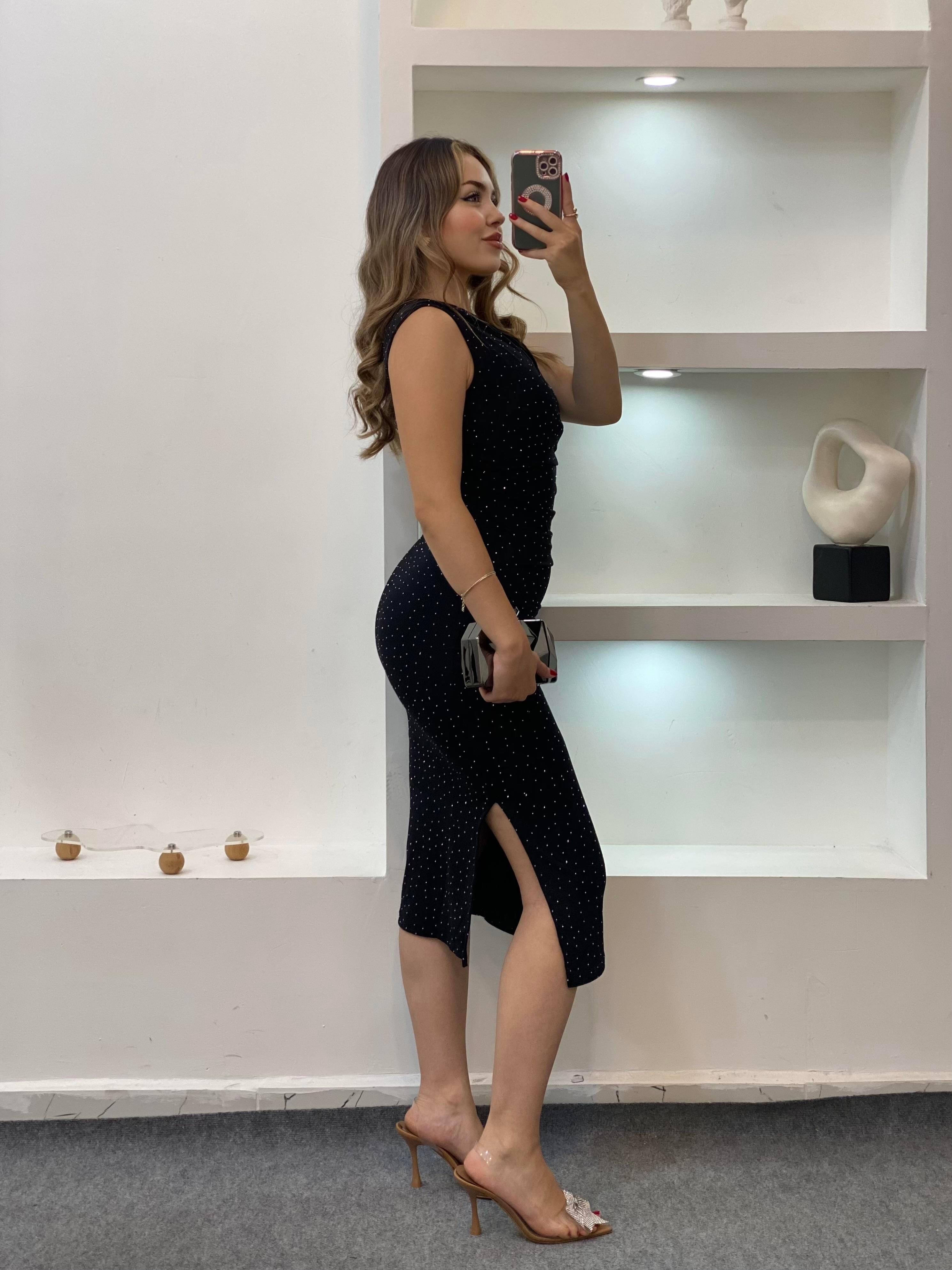 Siyah Parıltılı Taşlı Elbise