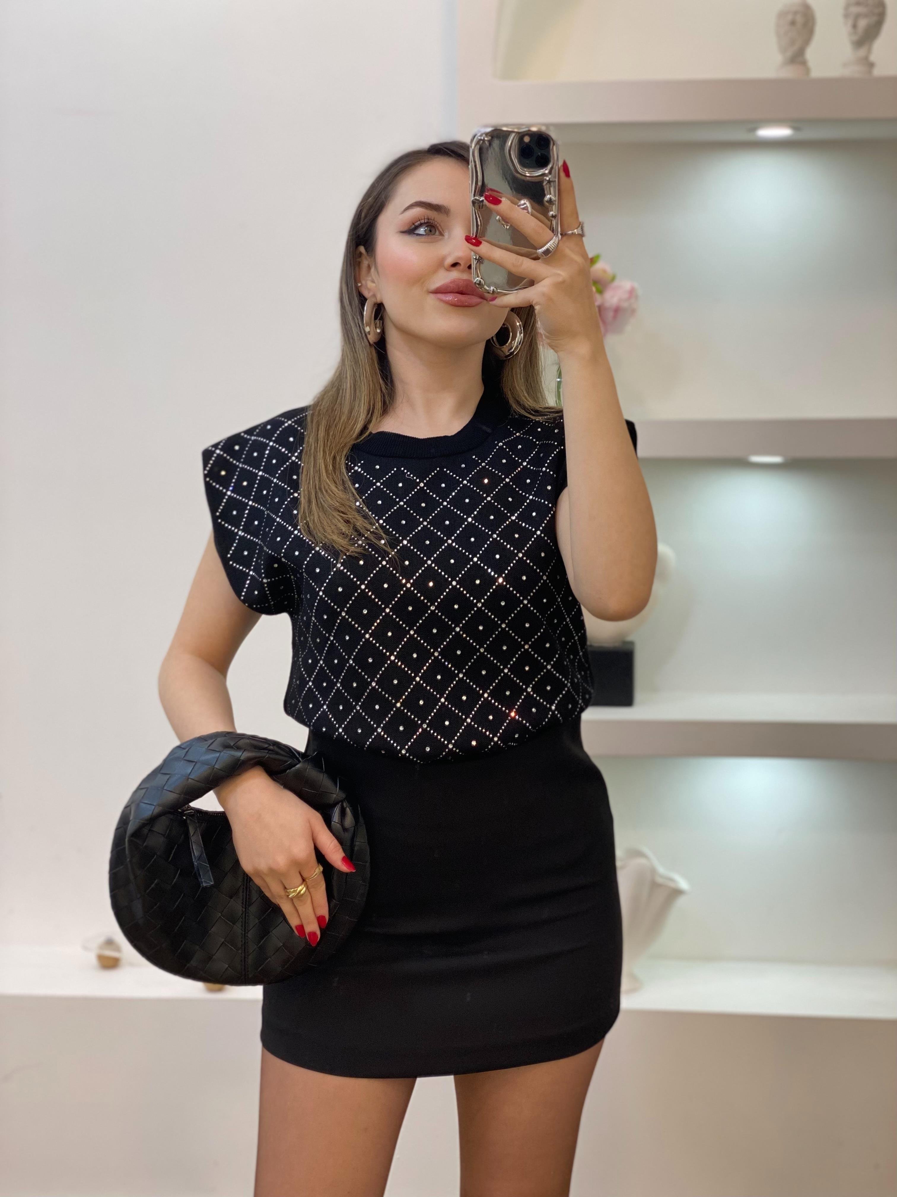 Siyah Parıltılı Taşlı Triko Bluz