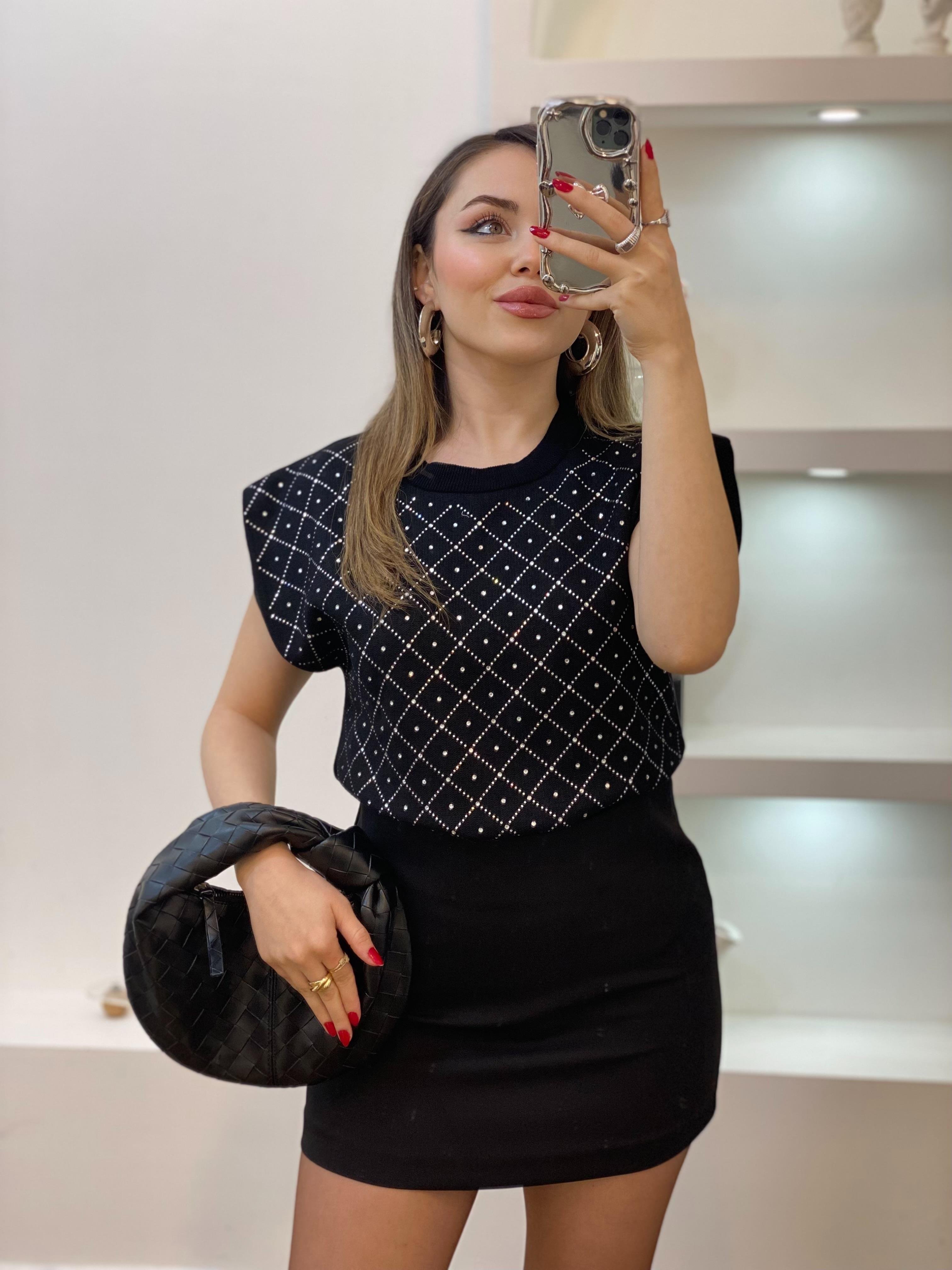 Siyah Parıltılı Taşlı Triko Bluz