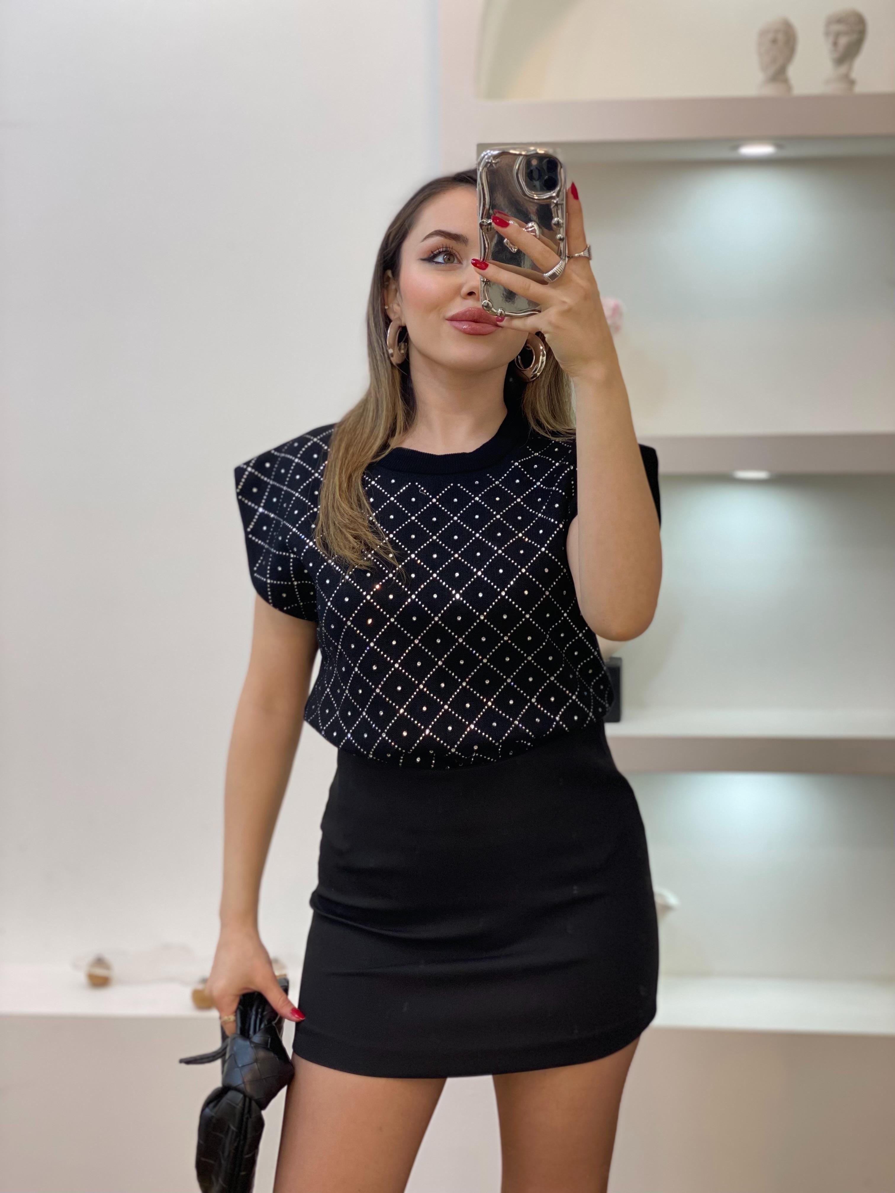 Siyah Parıltılı Taşlı Triko Bluz