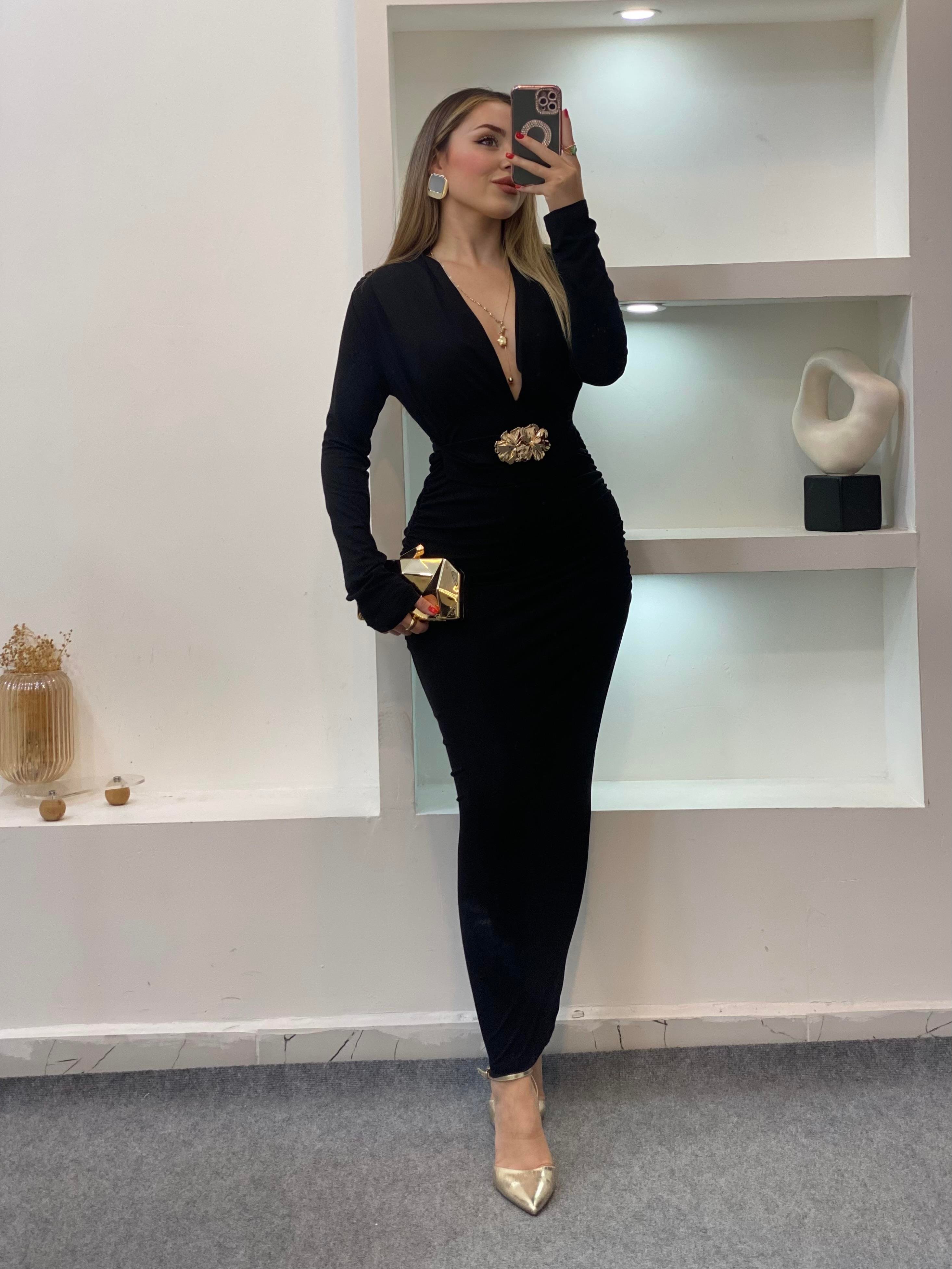 Siyah Premium Kalite Gold Broşlu Elbise