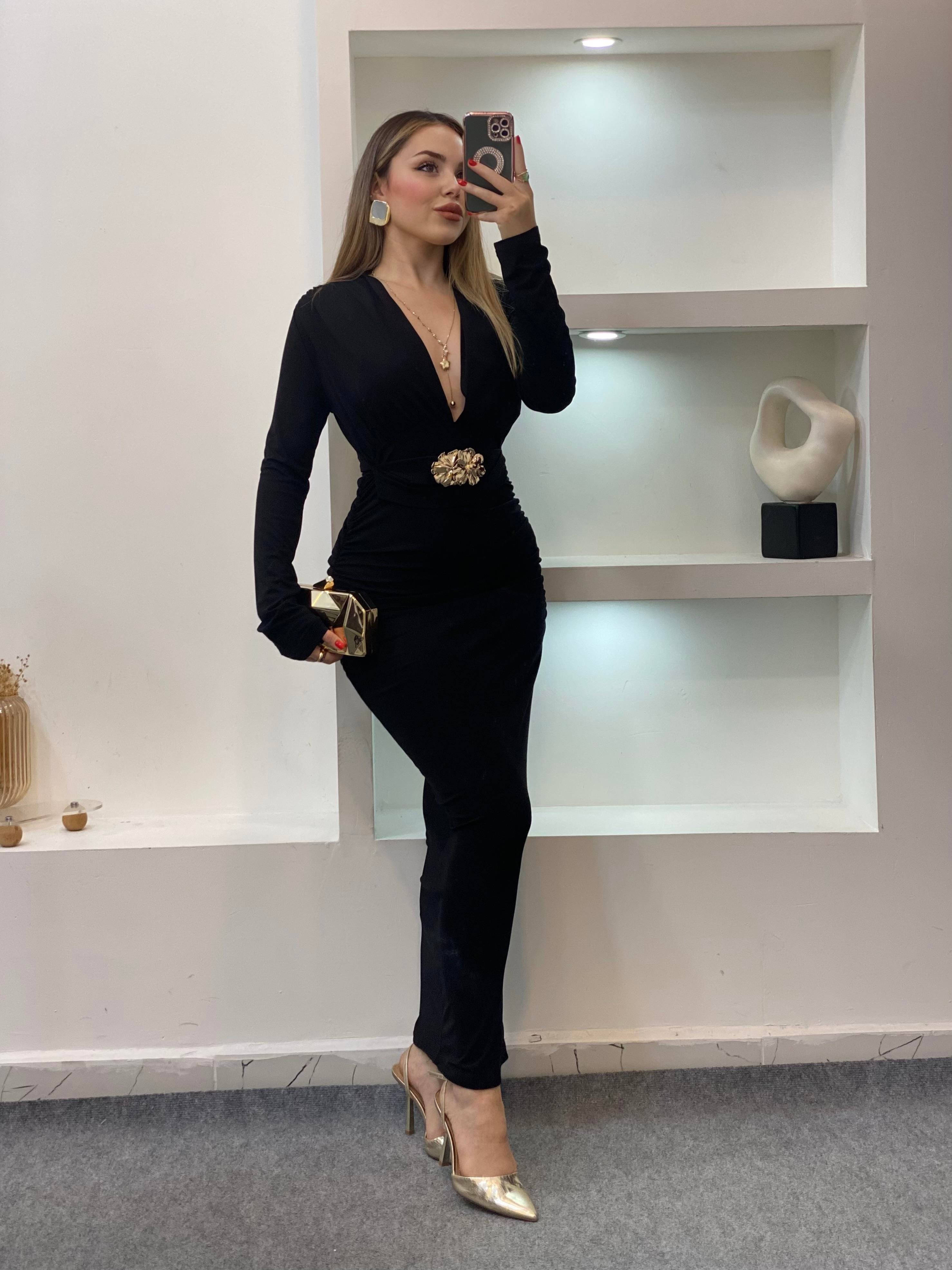 Siyah Premium Kalite Gold Broşlu Elbise