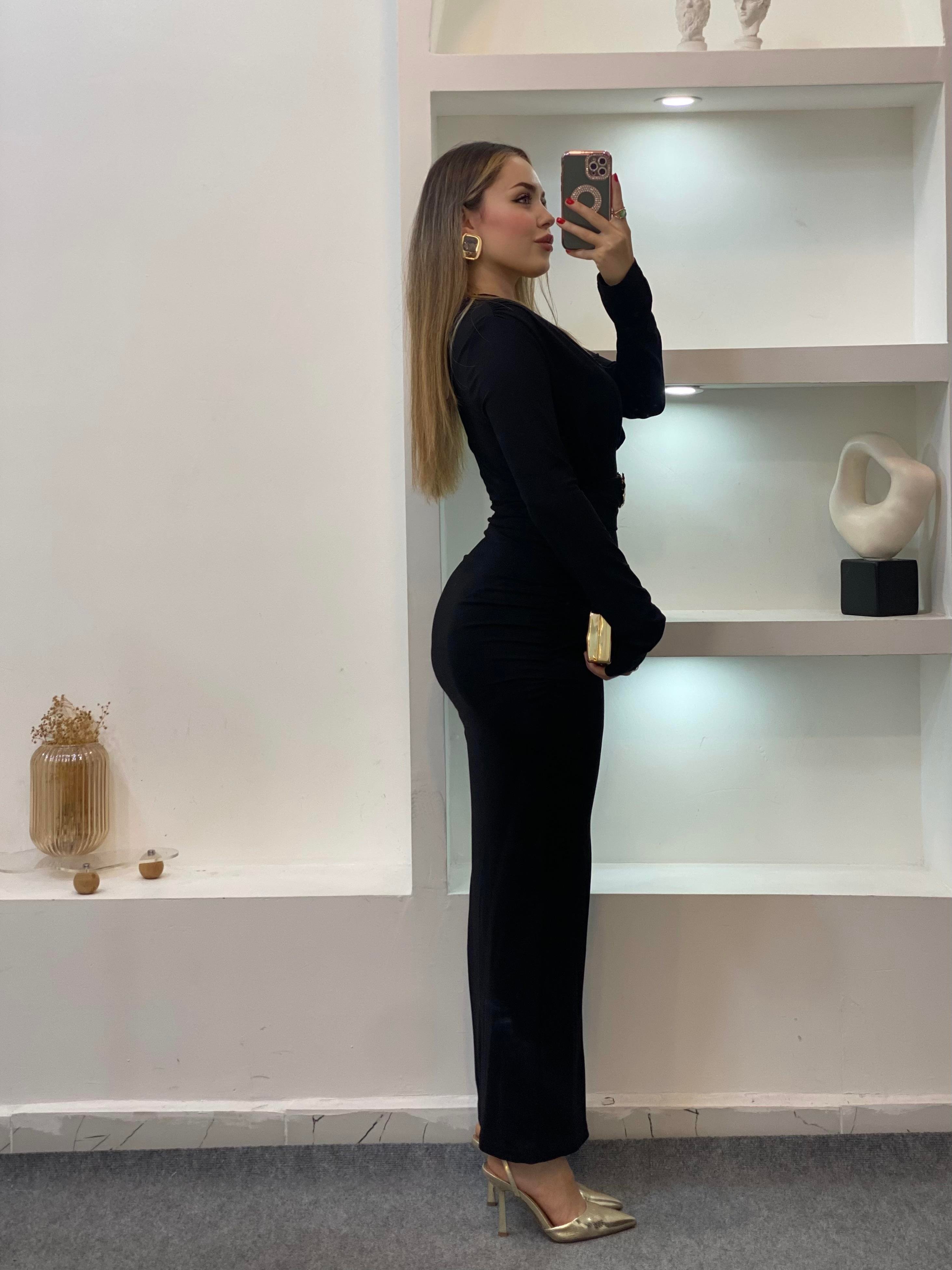 Siyah Premium Kalite Gold Broşlu Elbise