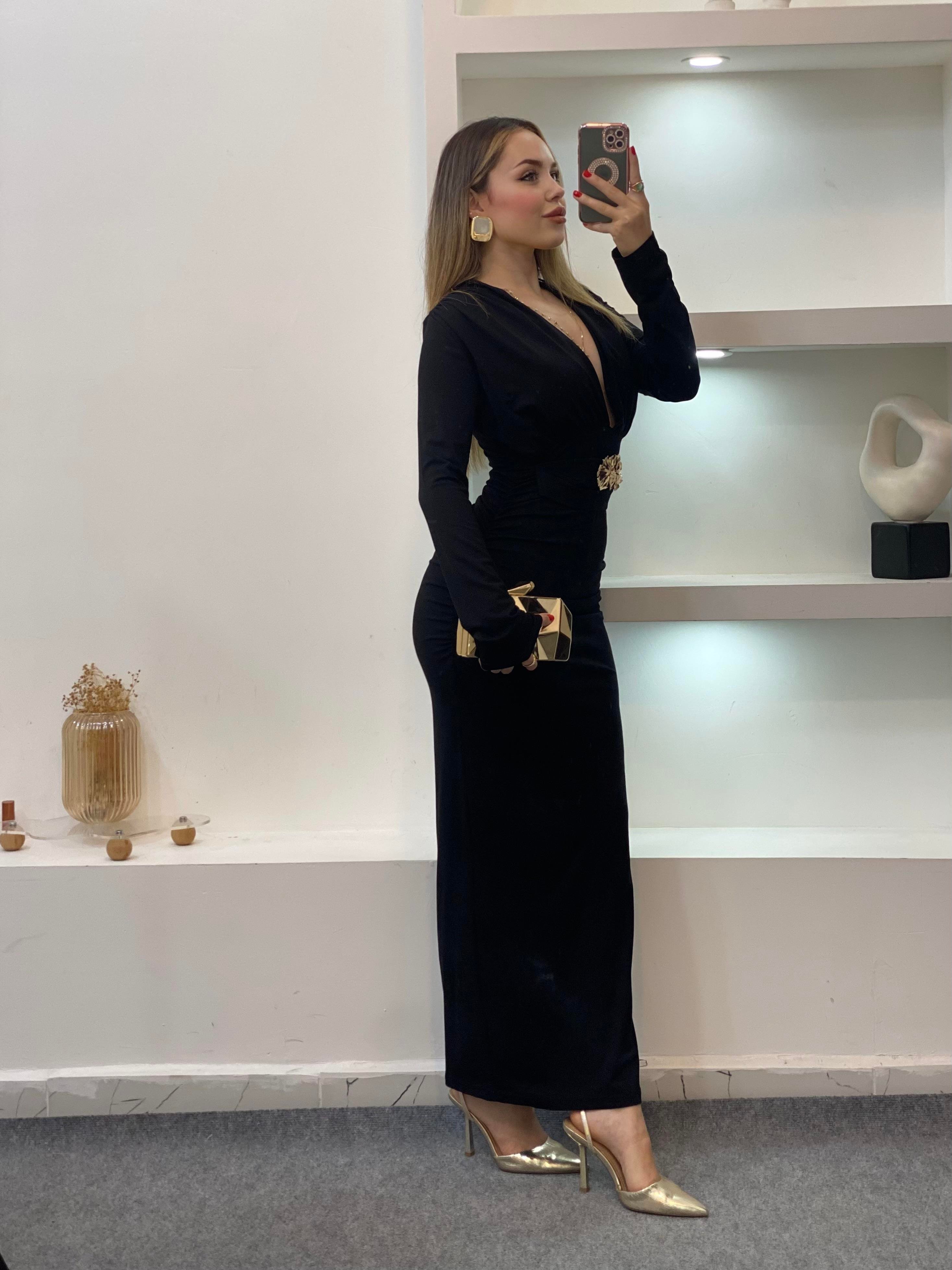 Siyah Premium Kalite Gold Broşlu Elbise