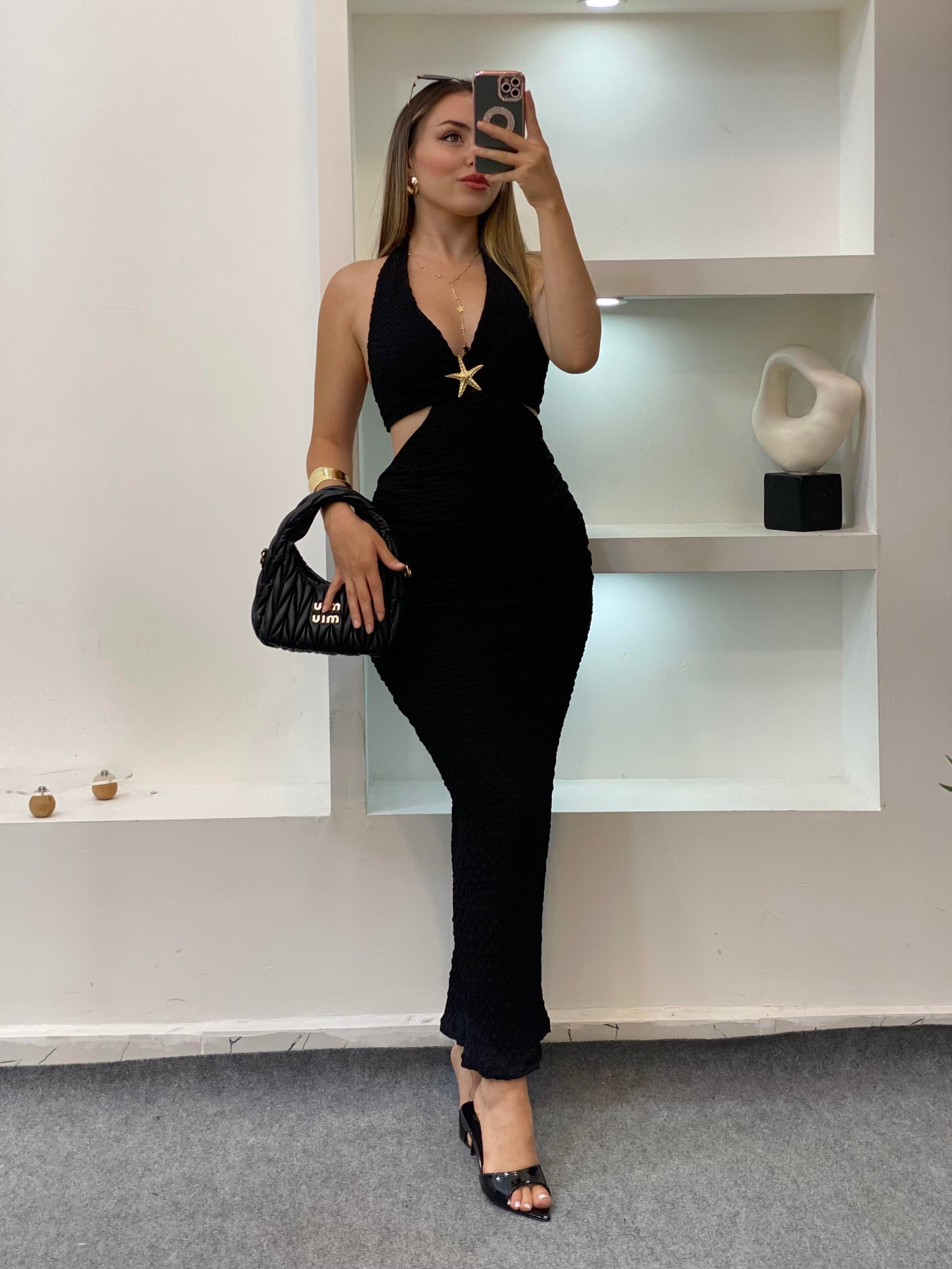 Siyah Premium Kalite Sırt Dekolteli Elbise