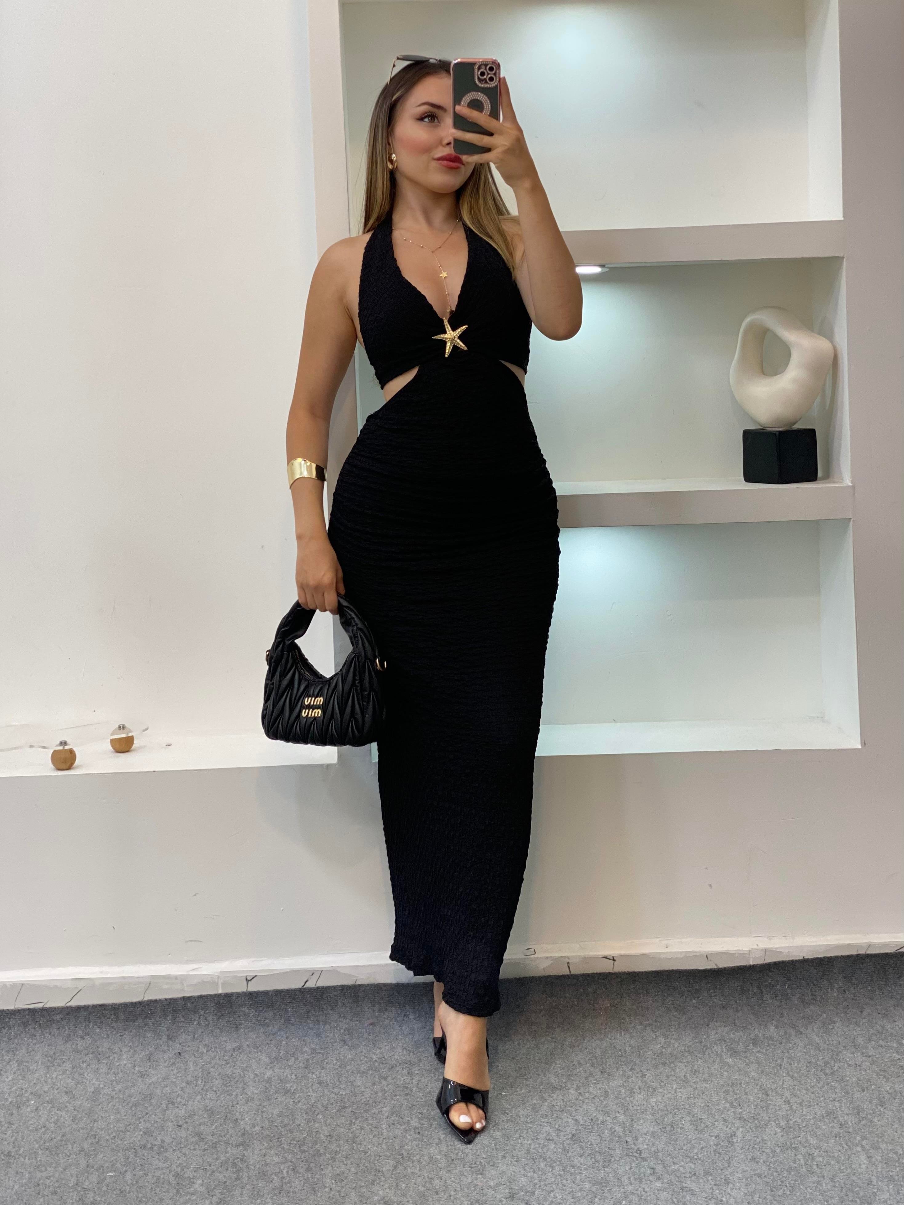 Siyah Premium Kalite Sırt Dekolteli Elbise