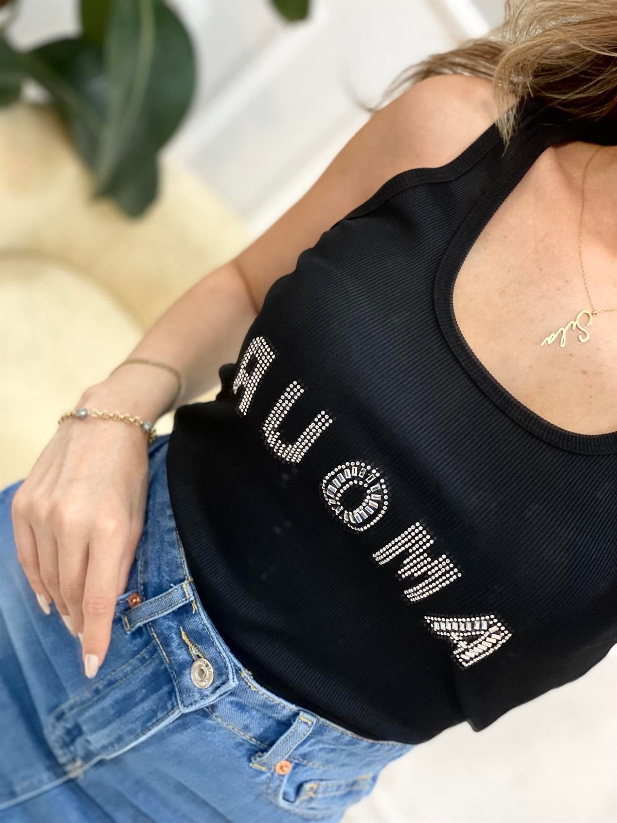 Siyah Taşlı Amour Askılı Uzun Crop