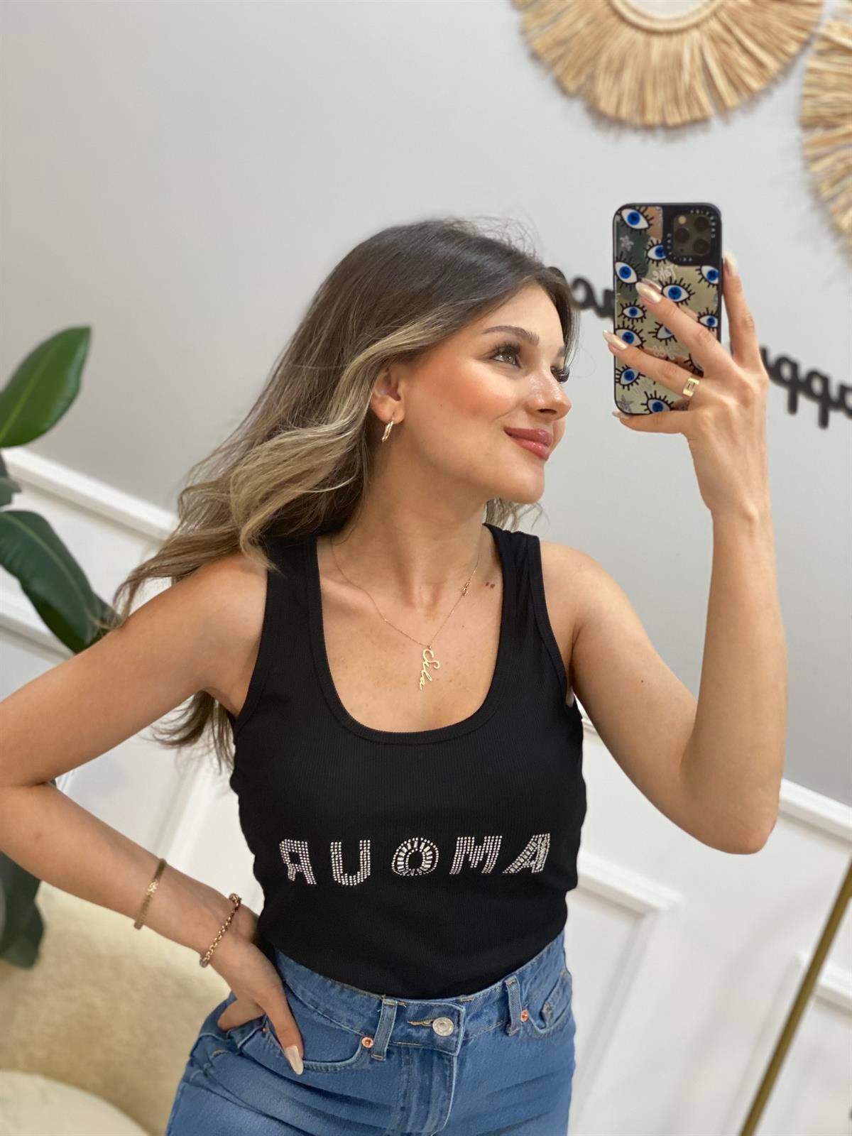 Siyah Taşlı Amour Askılı Uzun Crop