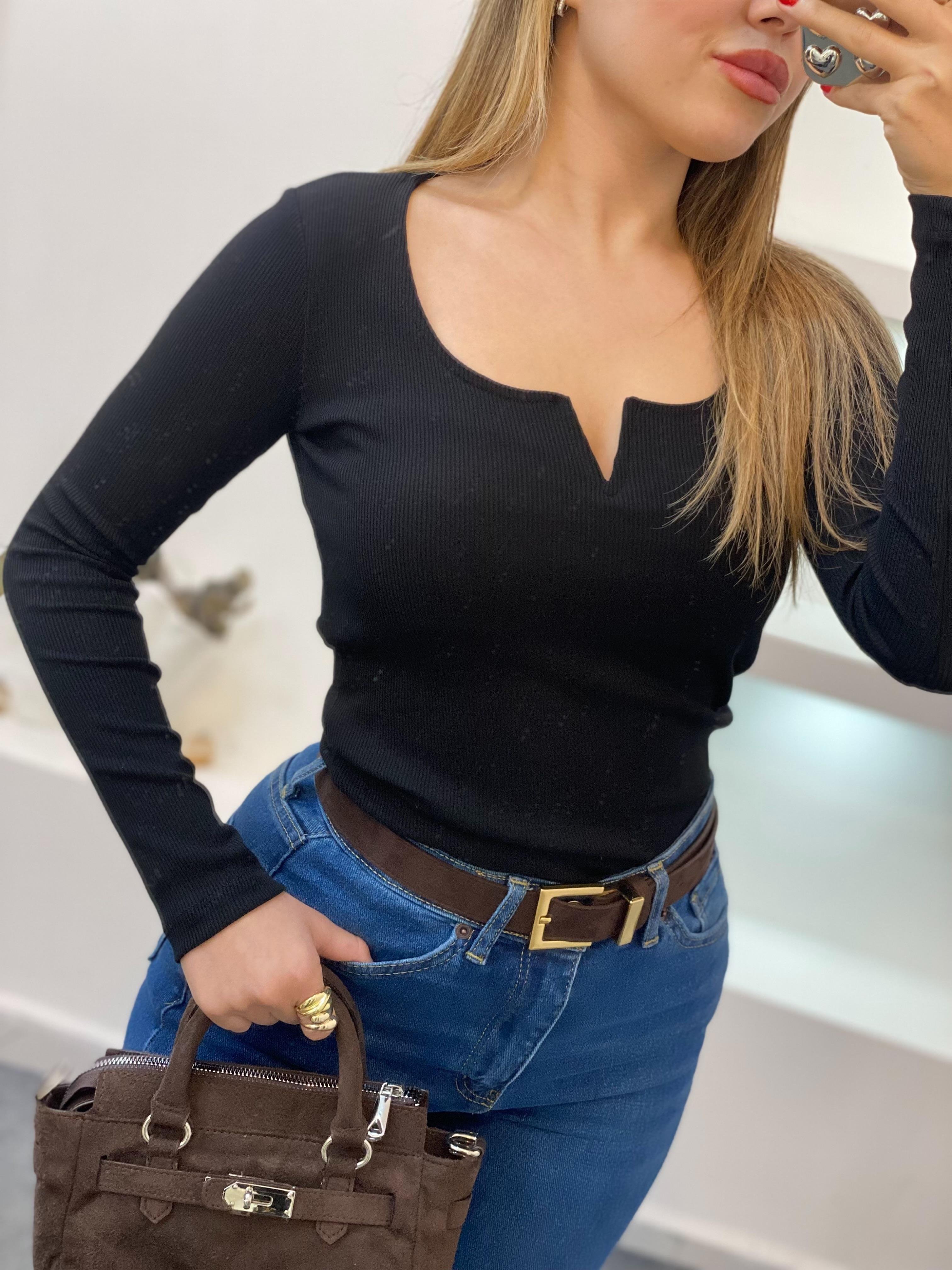 Siyah V Model Fitilli Basic Bluz