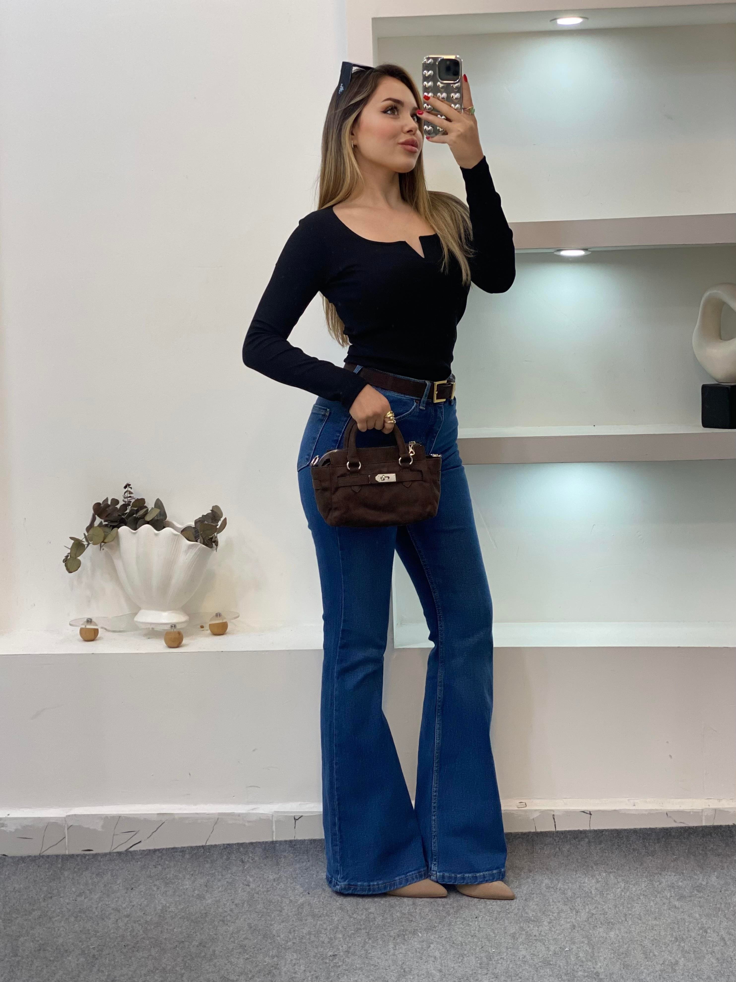 Siyah V Model Fitilli Basic Bluz