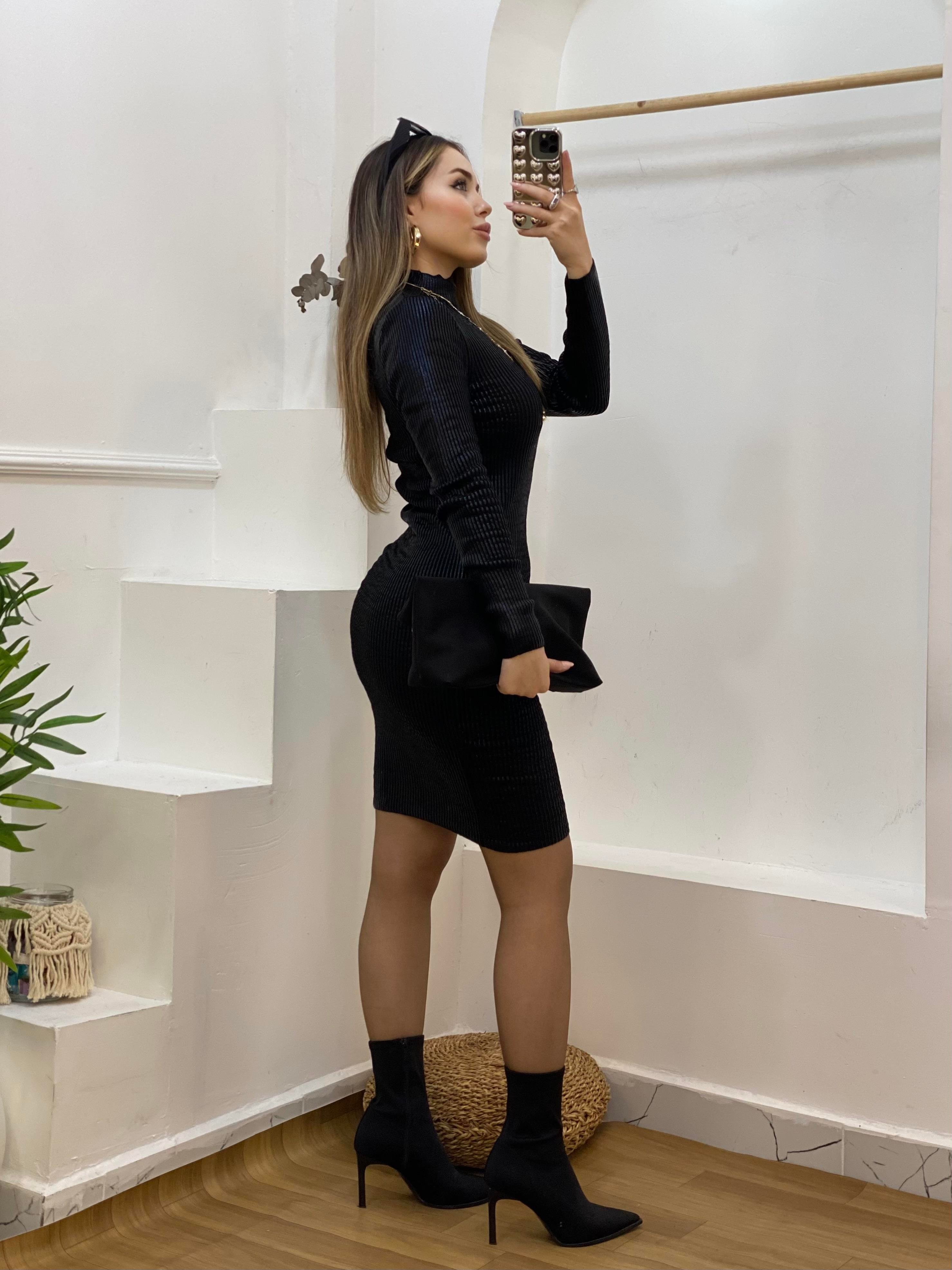Siyah Varak Baskılı Triko Elbise