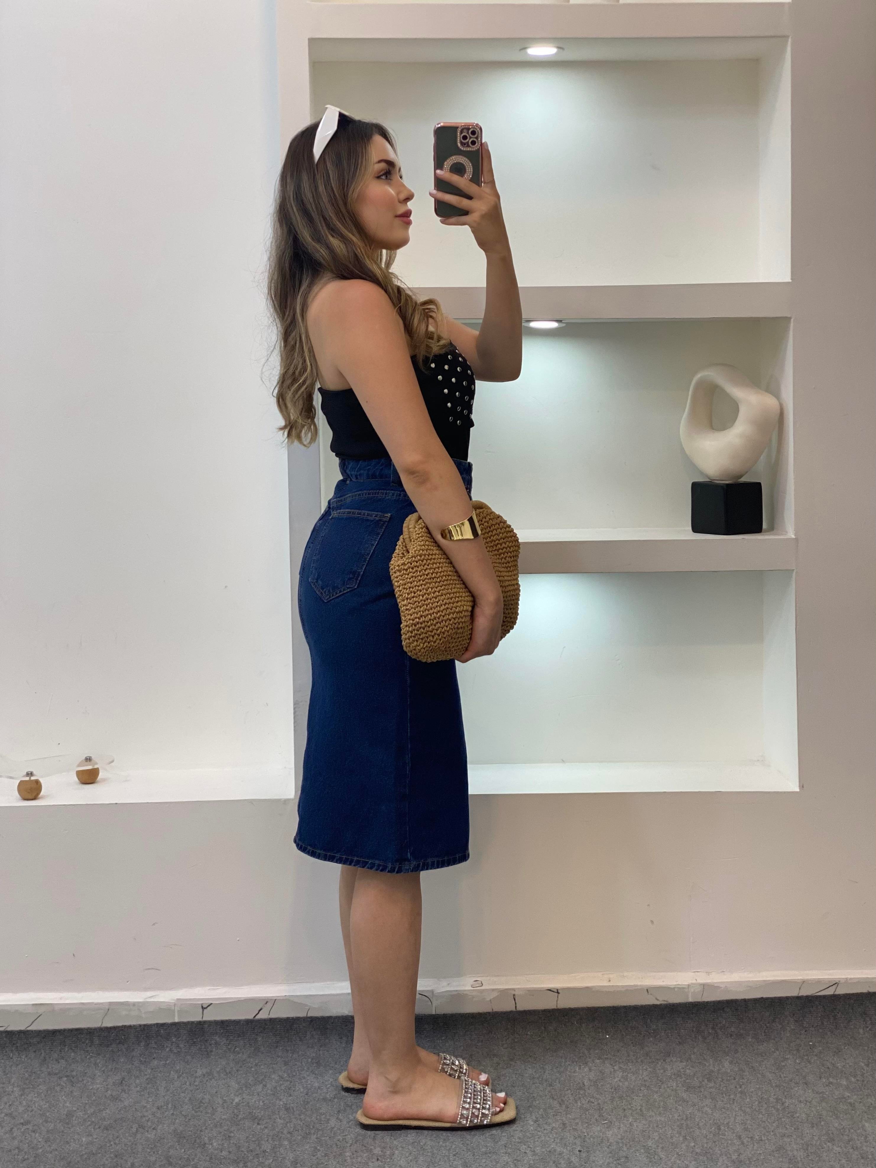 Siyah Zımbalı Straplez Triko Bluz