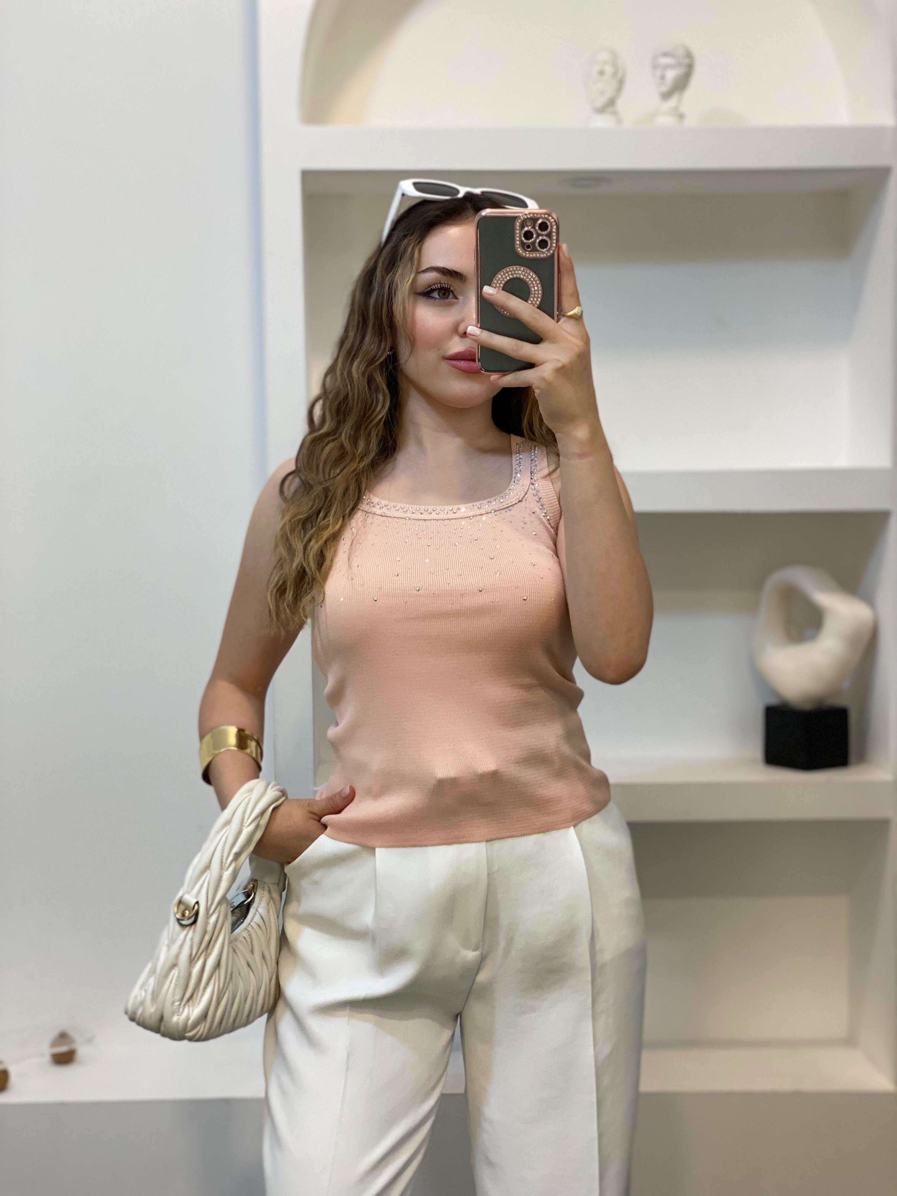 Somon Önü Parıltılı Taşlı Kalın Askılı Triko Bluz