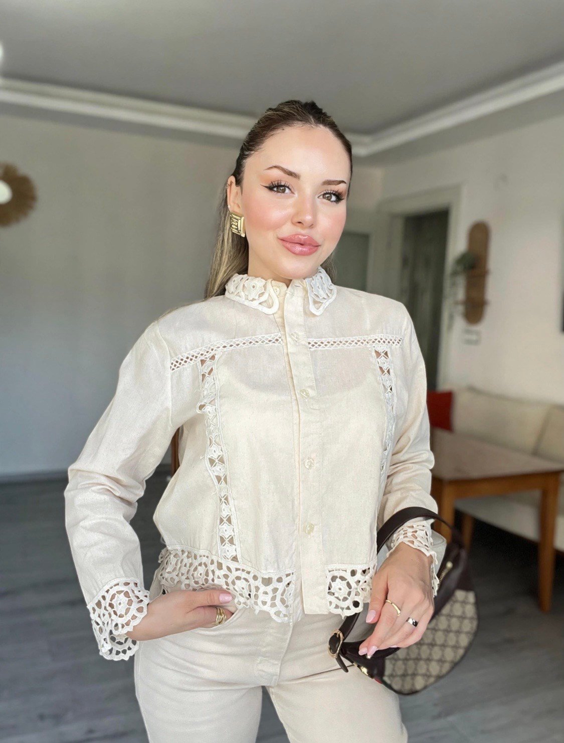 Tasarım Bej Motifli Ceket