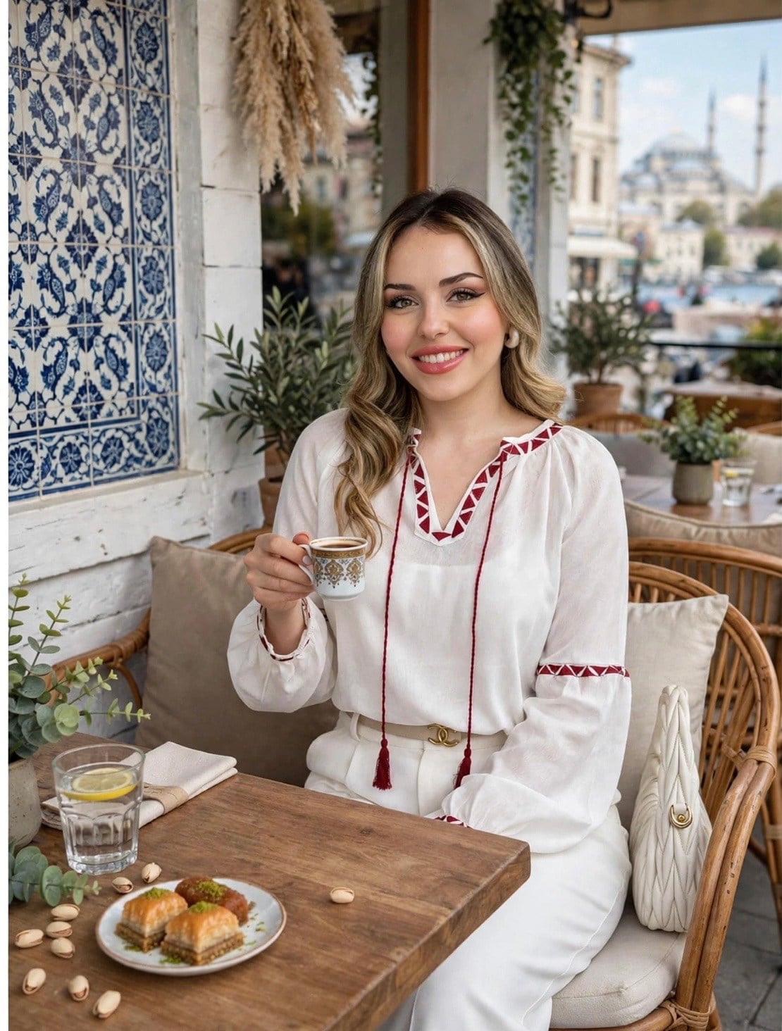 Tasarım Beyaz Üzerine Bordo Şerit Nakışlı Nakışlı Bluz