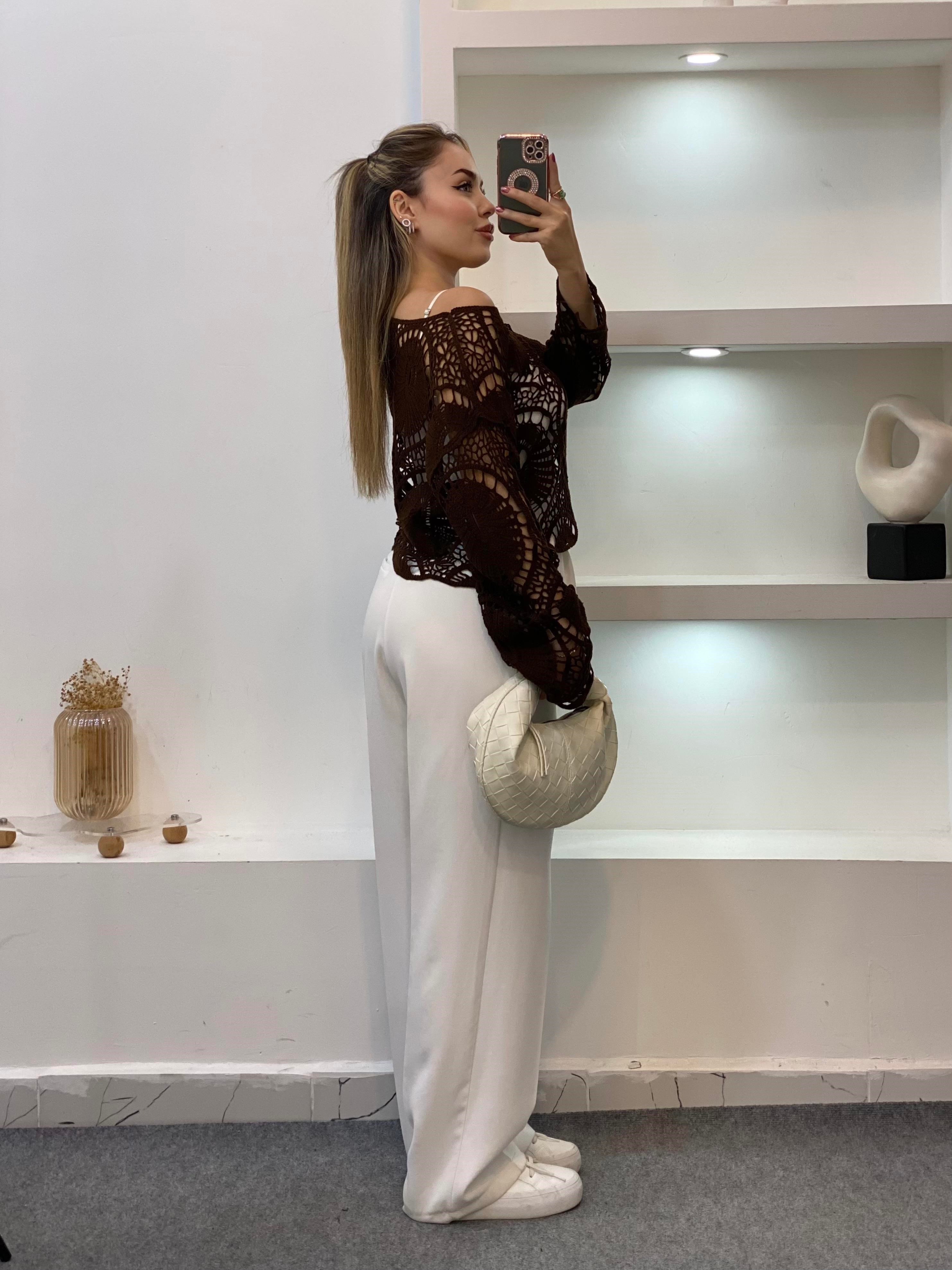 Tasarım Kahve Dantel Bluz 