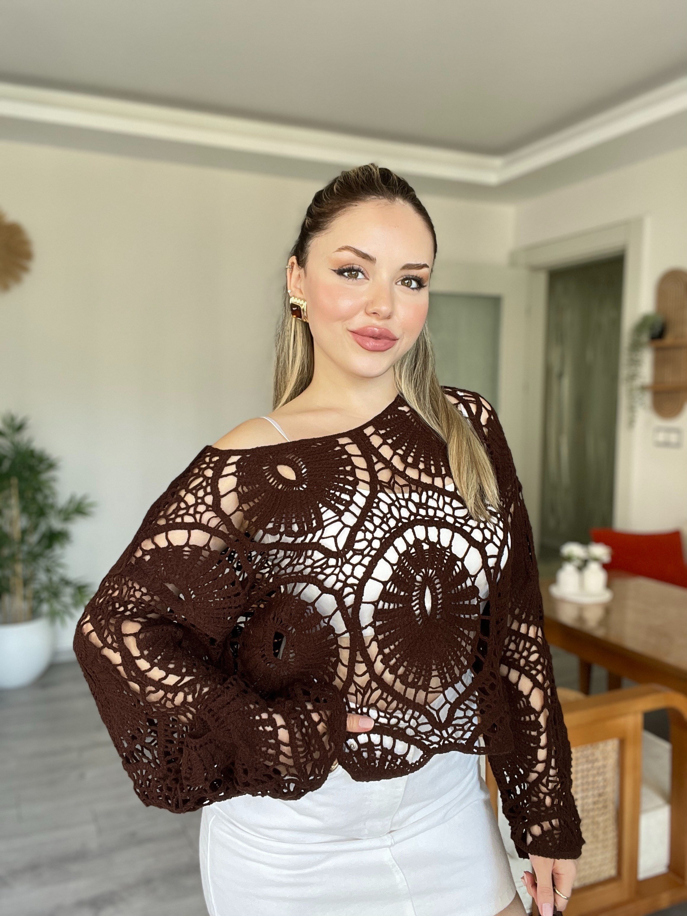 Tasarım Kahve Dantel Bluz 