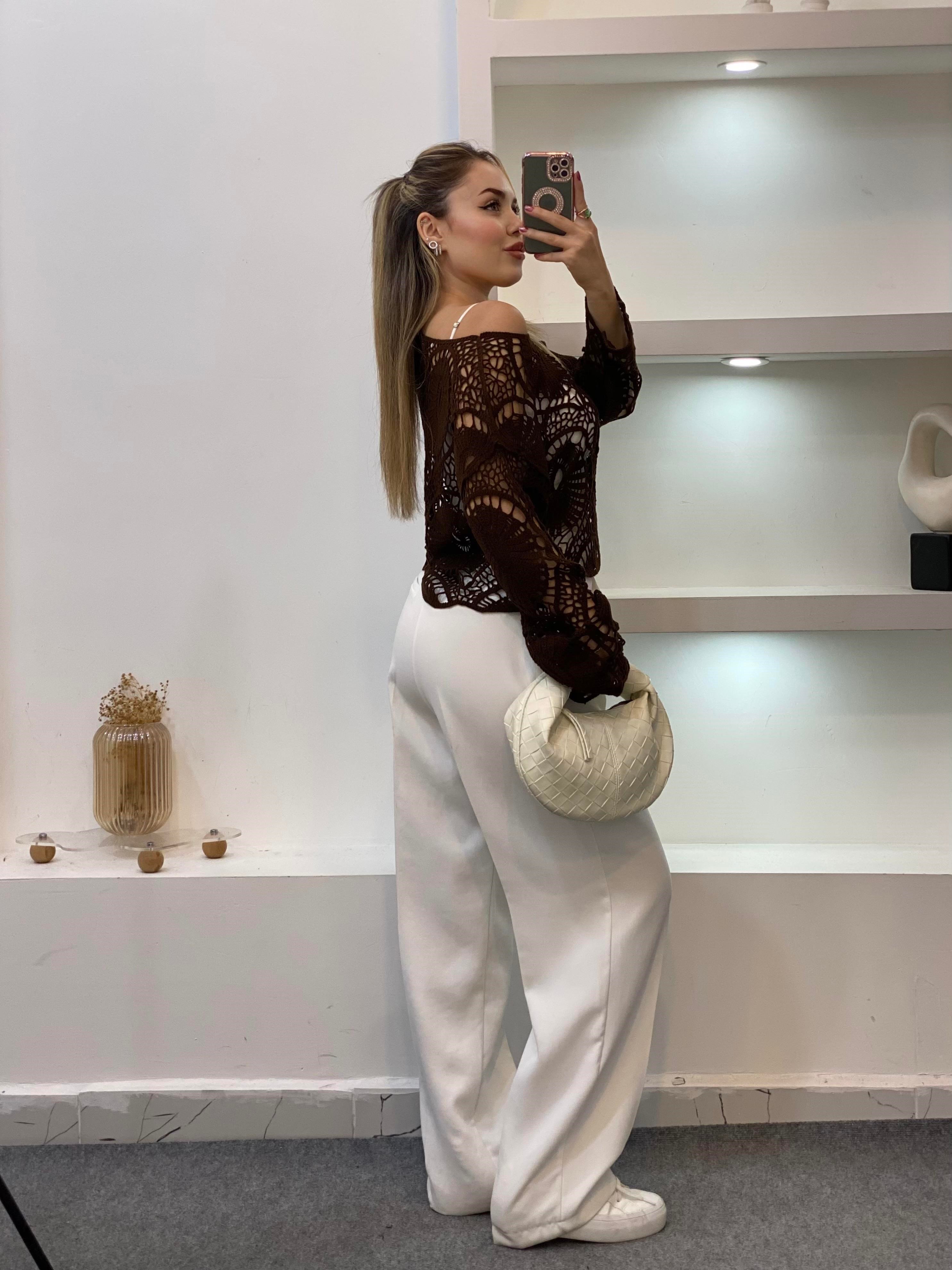 Tasarım Kahve Dantel Bluz 