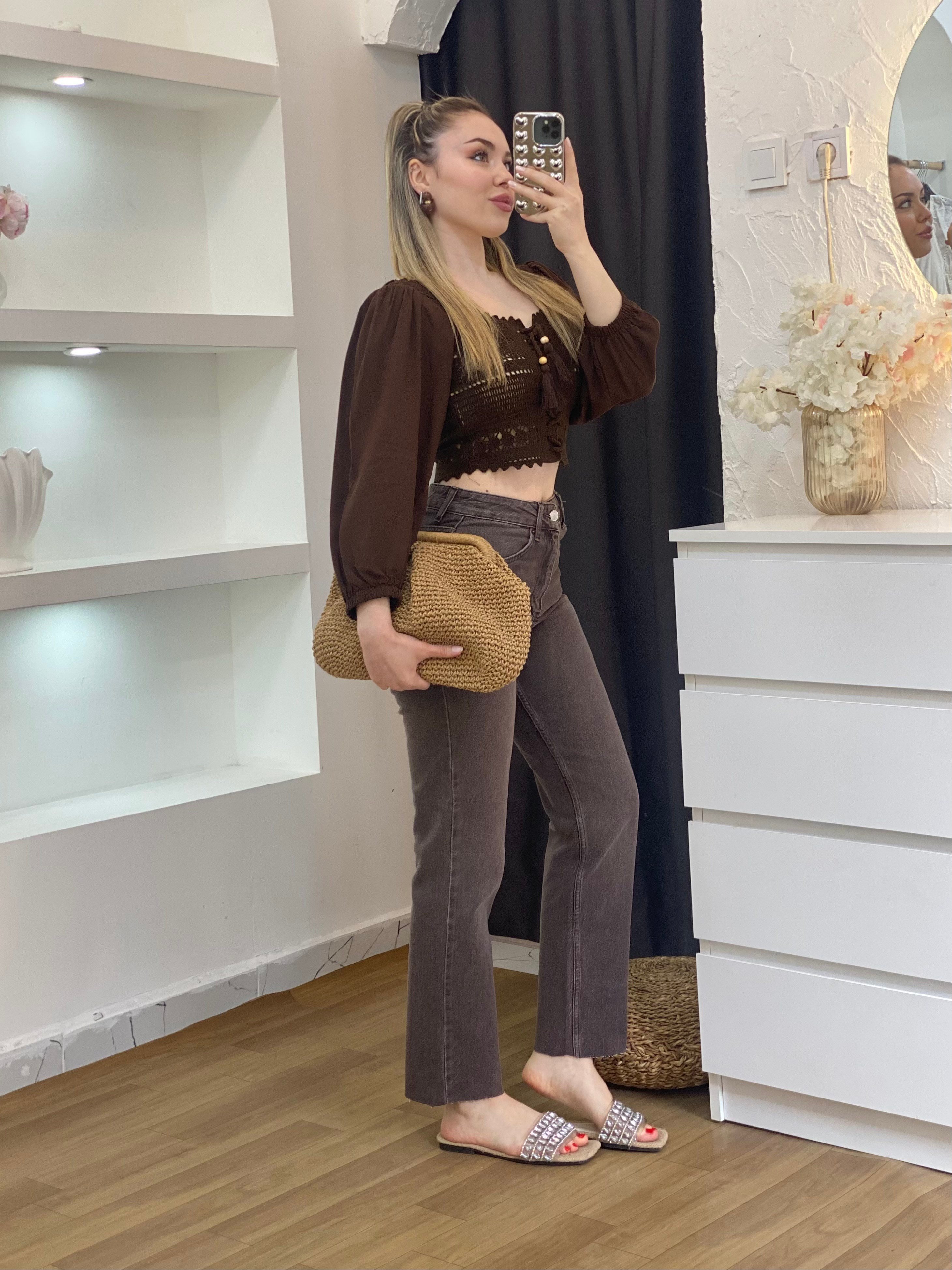 Tasarım Kahve Önü Bağlamalı Model Dantel Bluz 