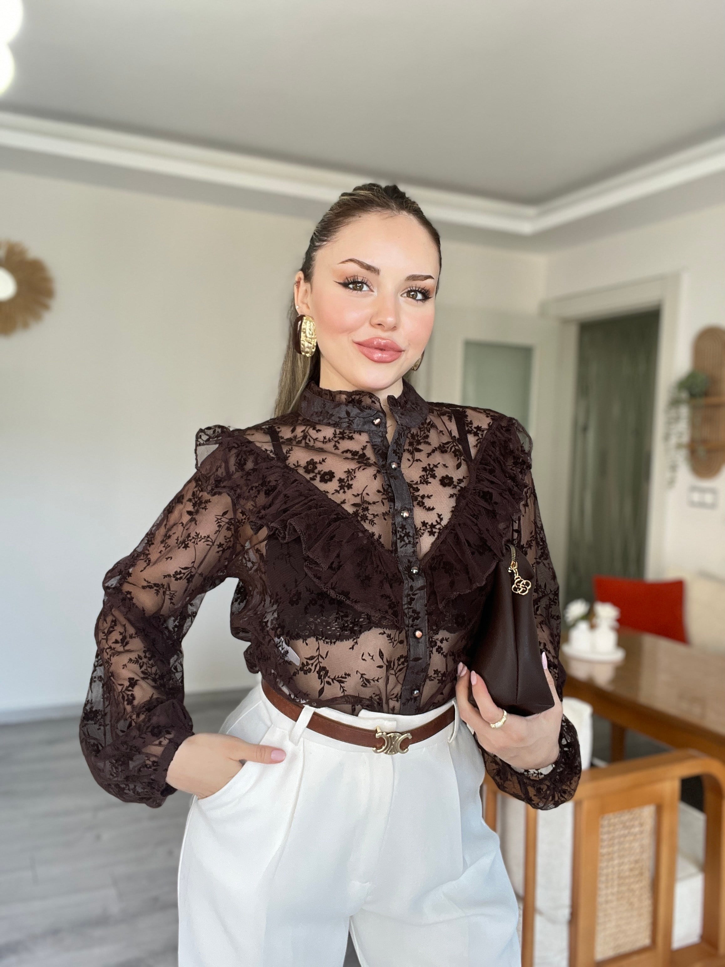 Tasarım Kahve Volanlı Organze Gömlek 