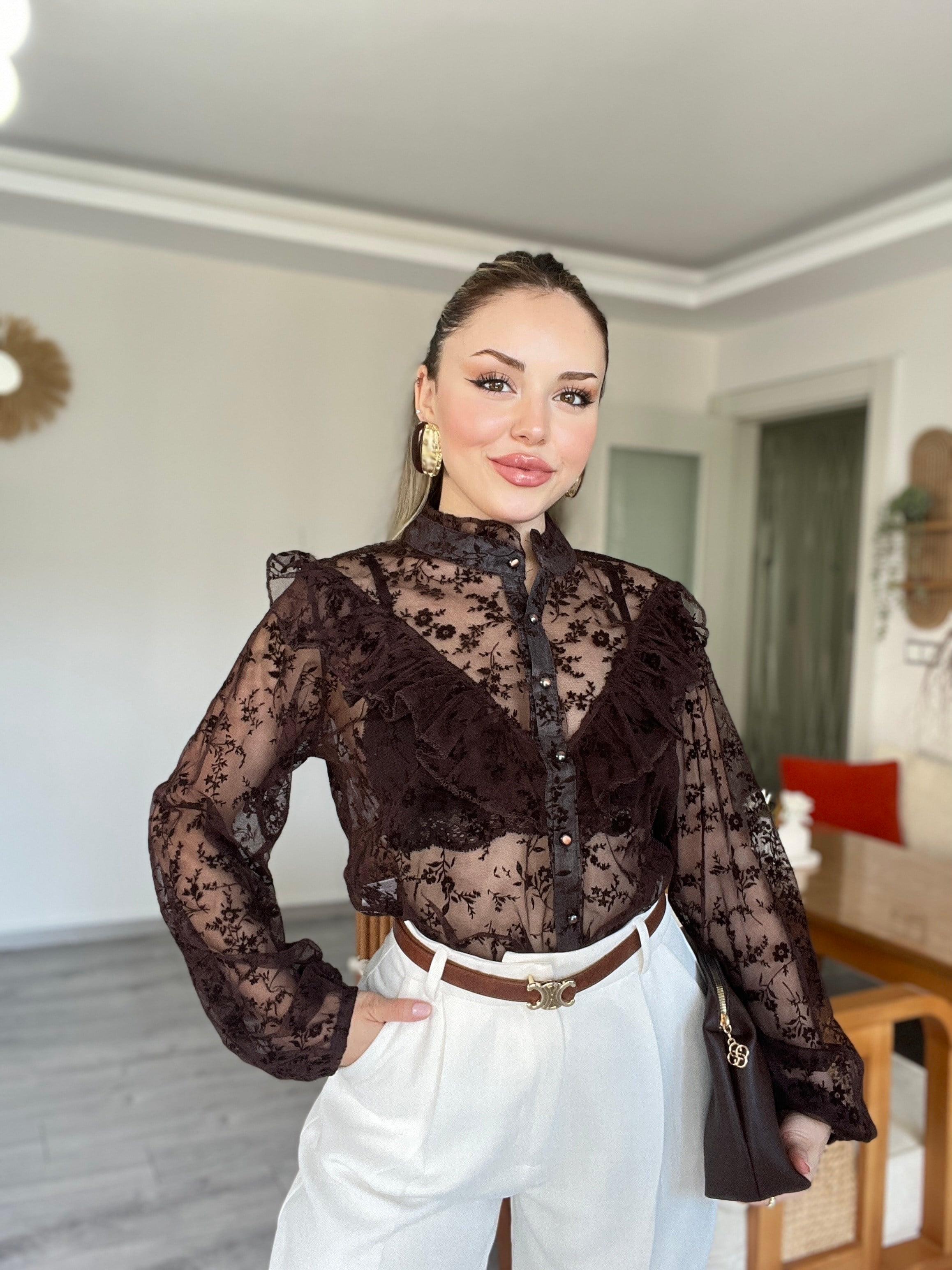 Tasarım Kahve Volanlı Organze Gömlek 