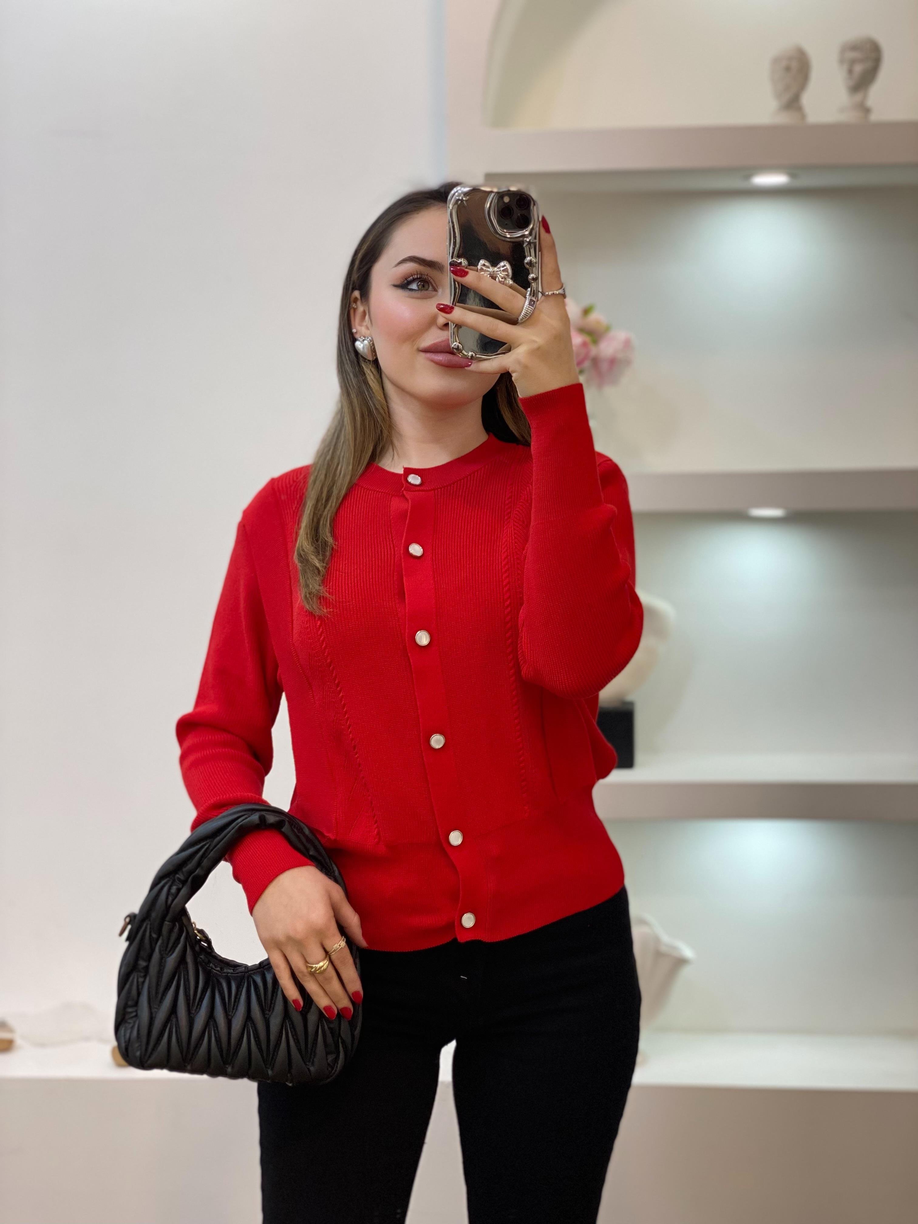 Tasarım Kırmızı Sedef Düğmeli Elit Triko Hırka 