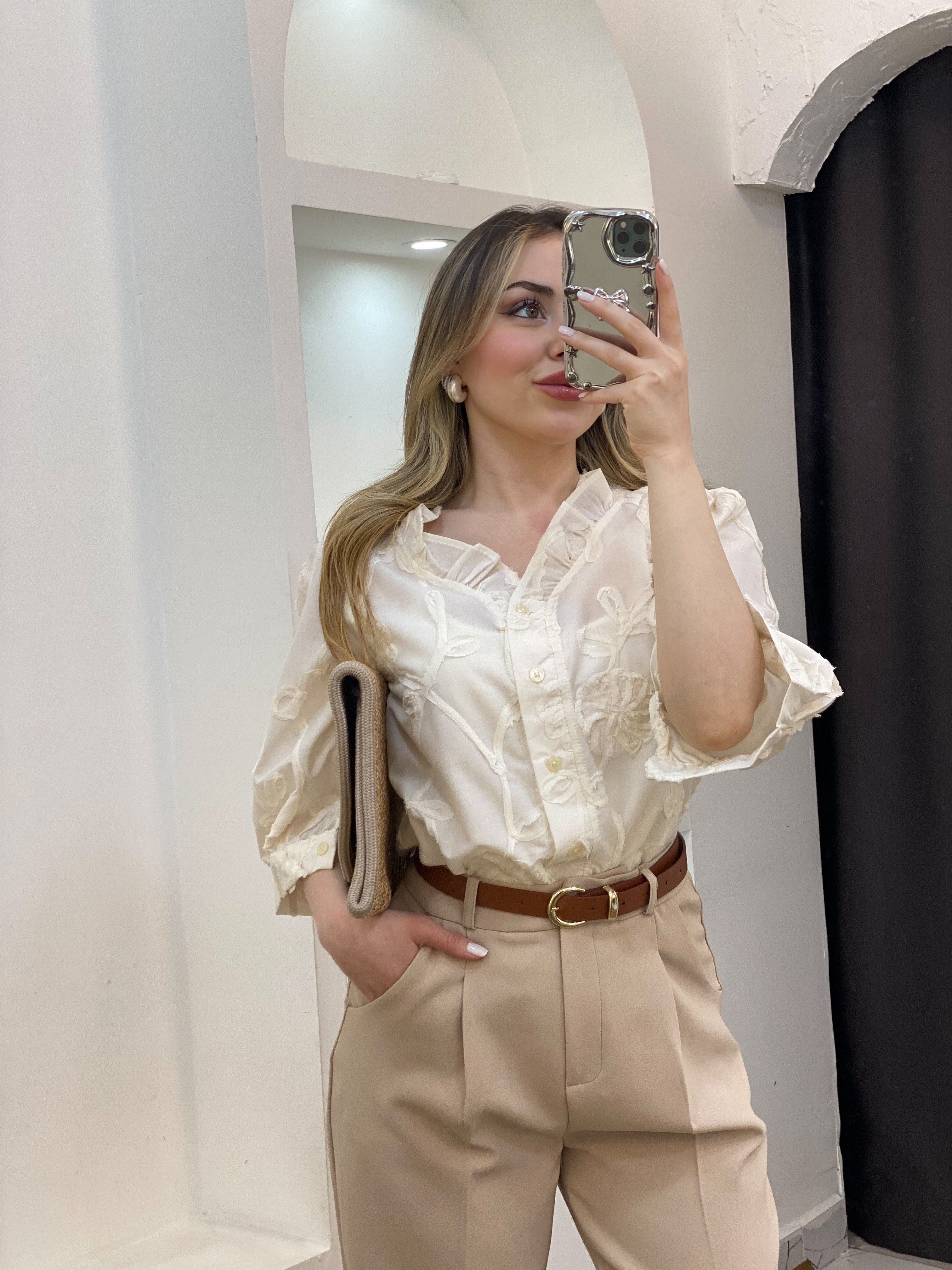 Tasarım Lüx Kalite Bej Nakışlı Gömlek