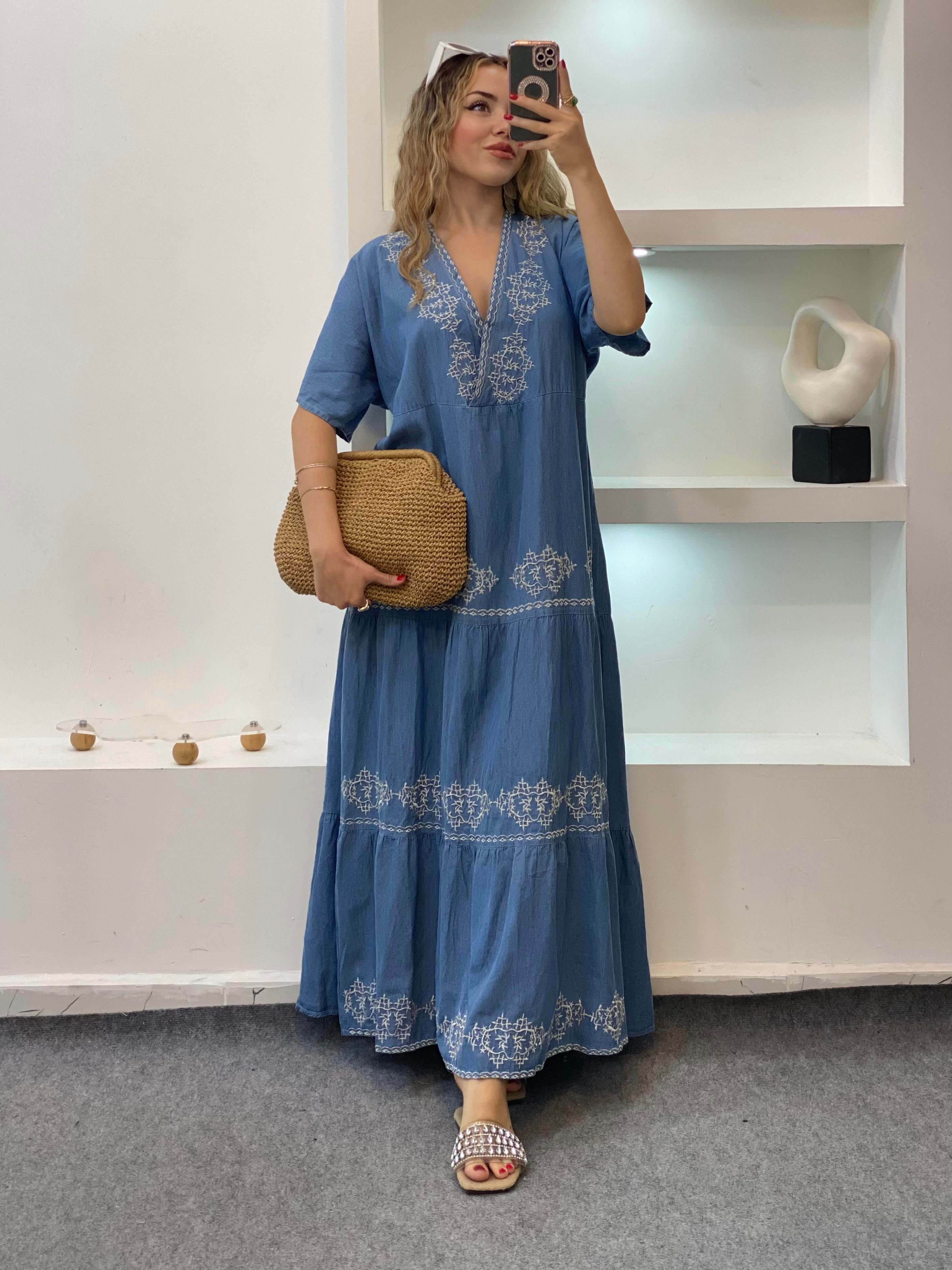 Tasarım Özel İşlemeli Detay Salaş Model  Jean Elbise