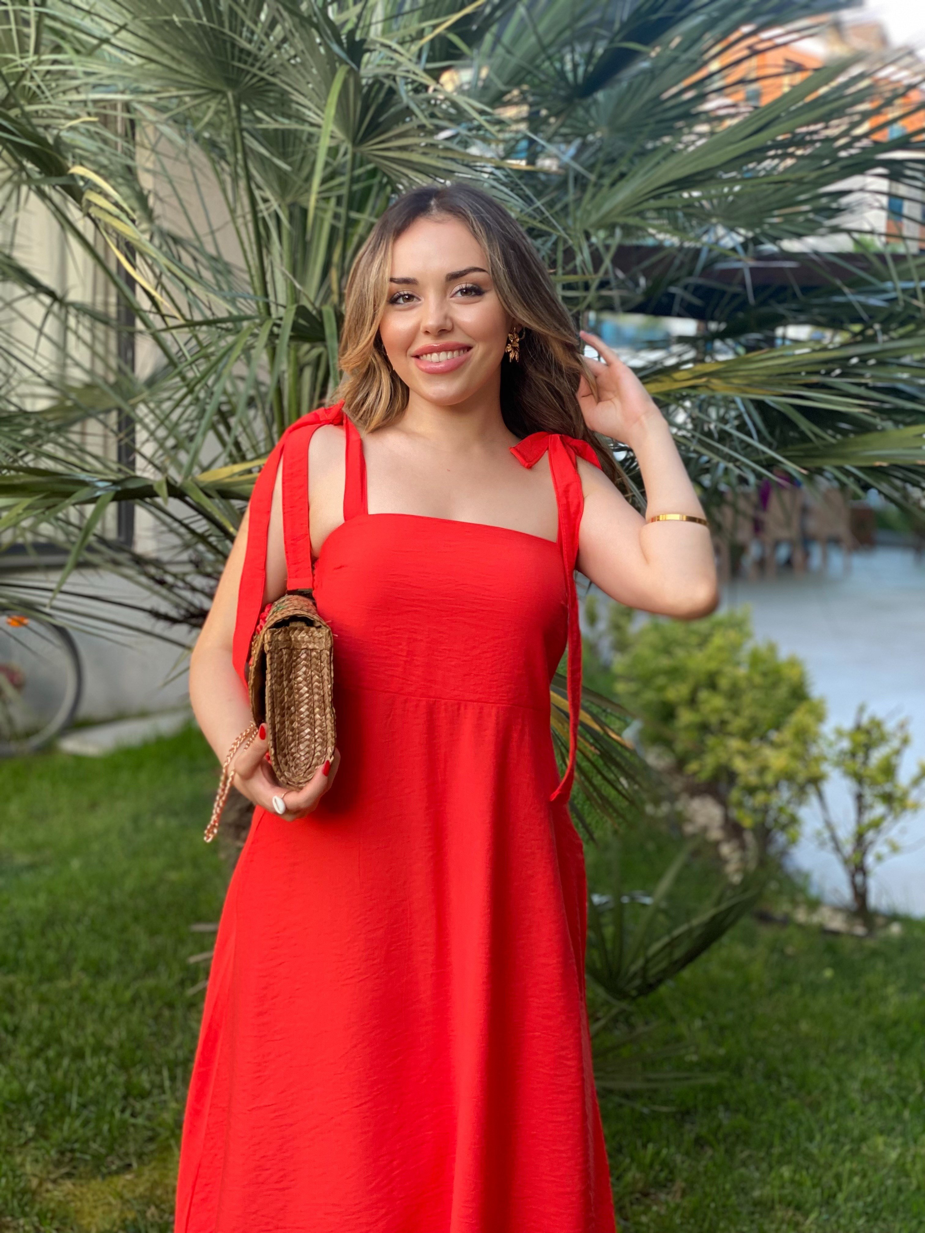 Turuncu Omuz Bağlamalı Model Gipeli Elbise