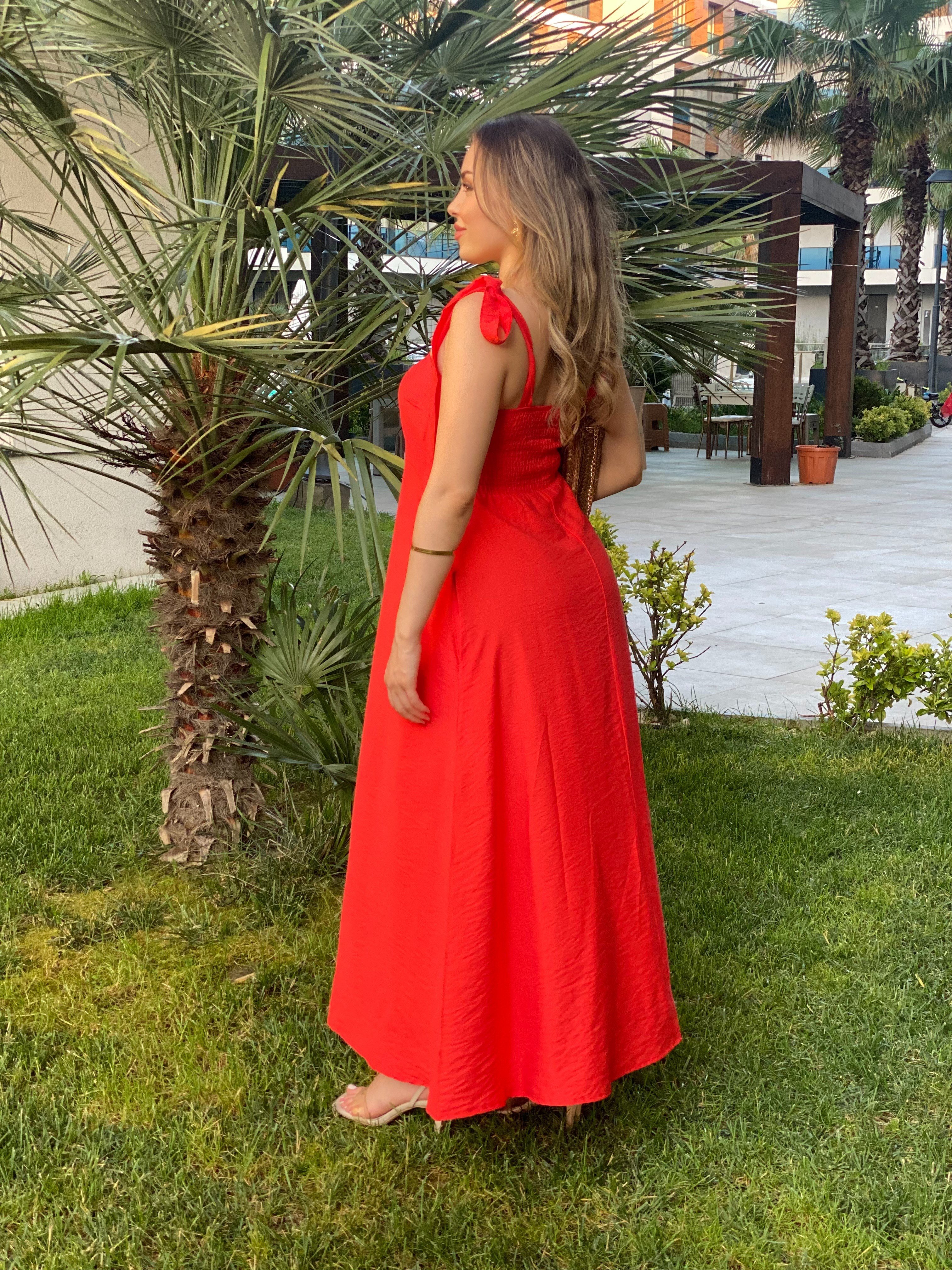Turuncu Omuz Bağlamalı Model Gipeli Elbise