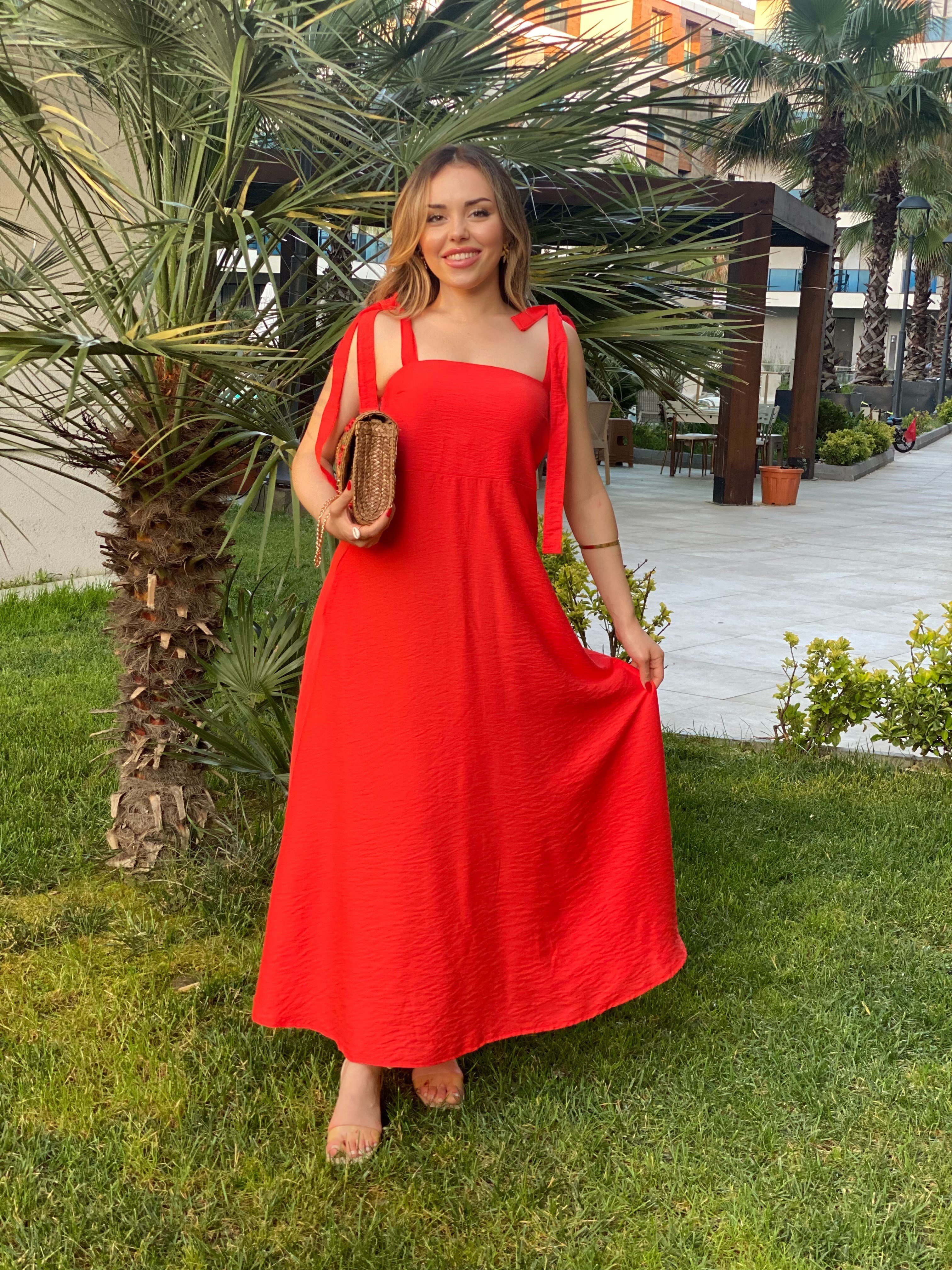 Turuncu Omuz Bağlamalı Model Gipeli Elbise