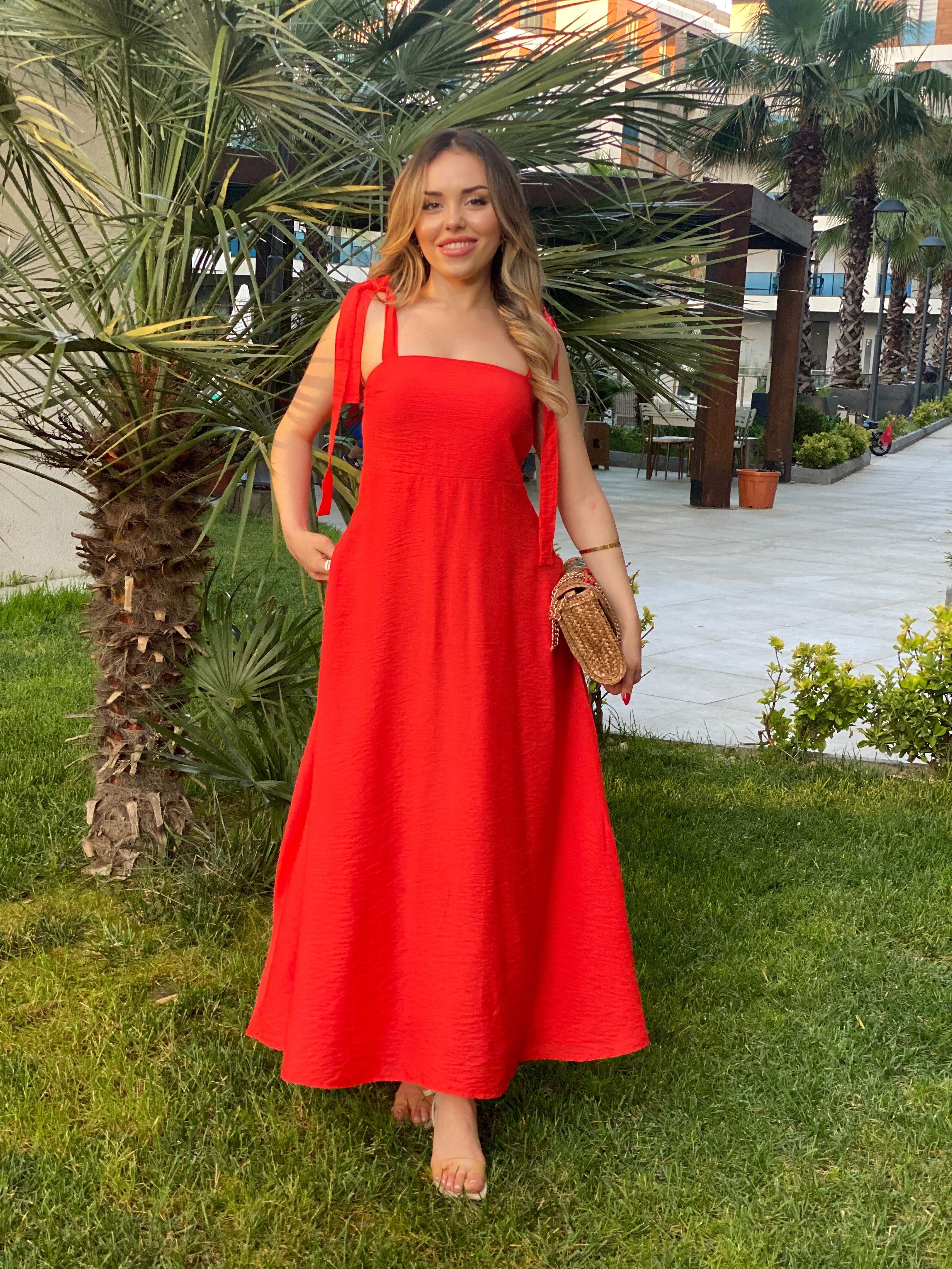 Turuncu Omuz Bağlamalı Model Gipeli Elbise