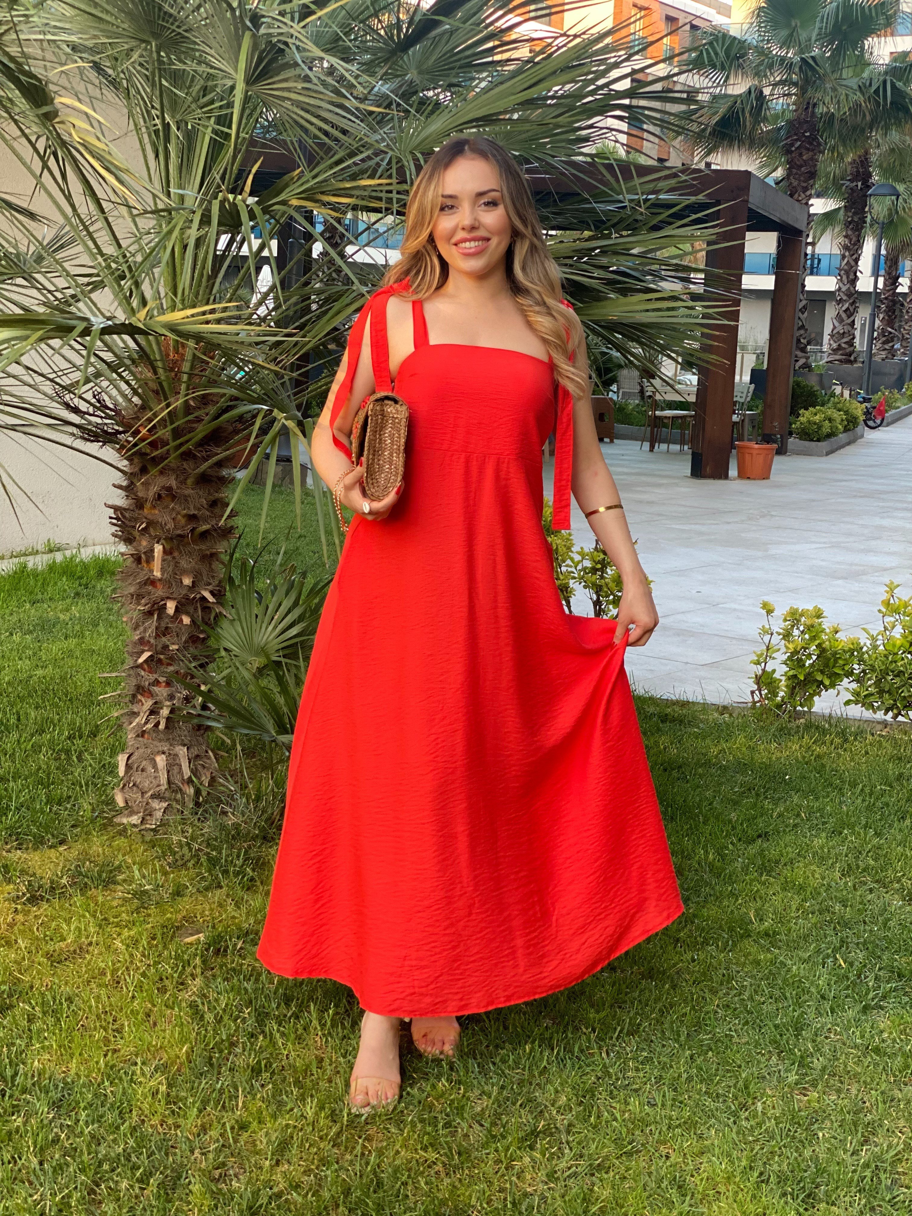 Turuncu Omuz Bağlamalı Model Gipeli Elbise
