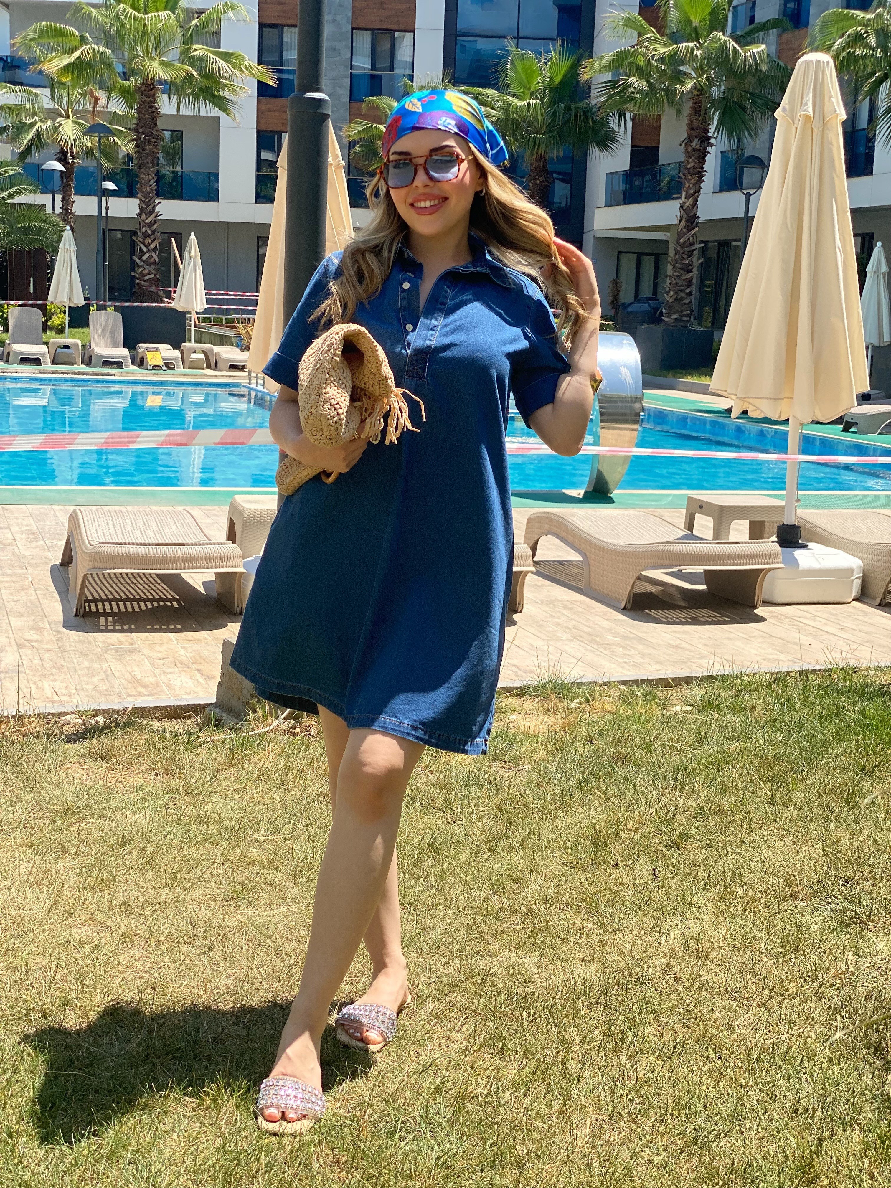 Yaka Düğmeli Denim Elbise