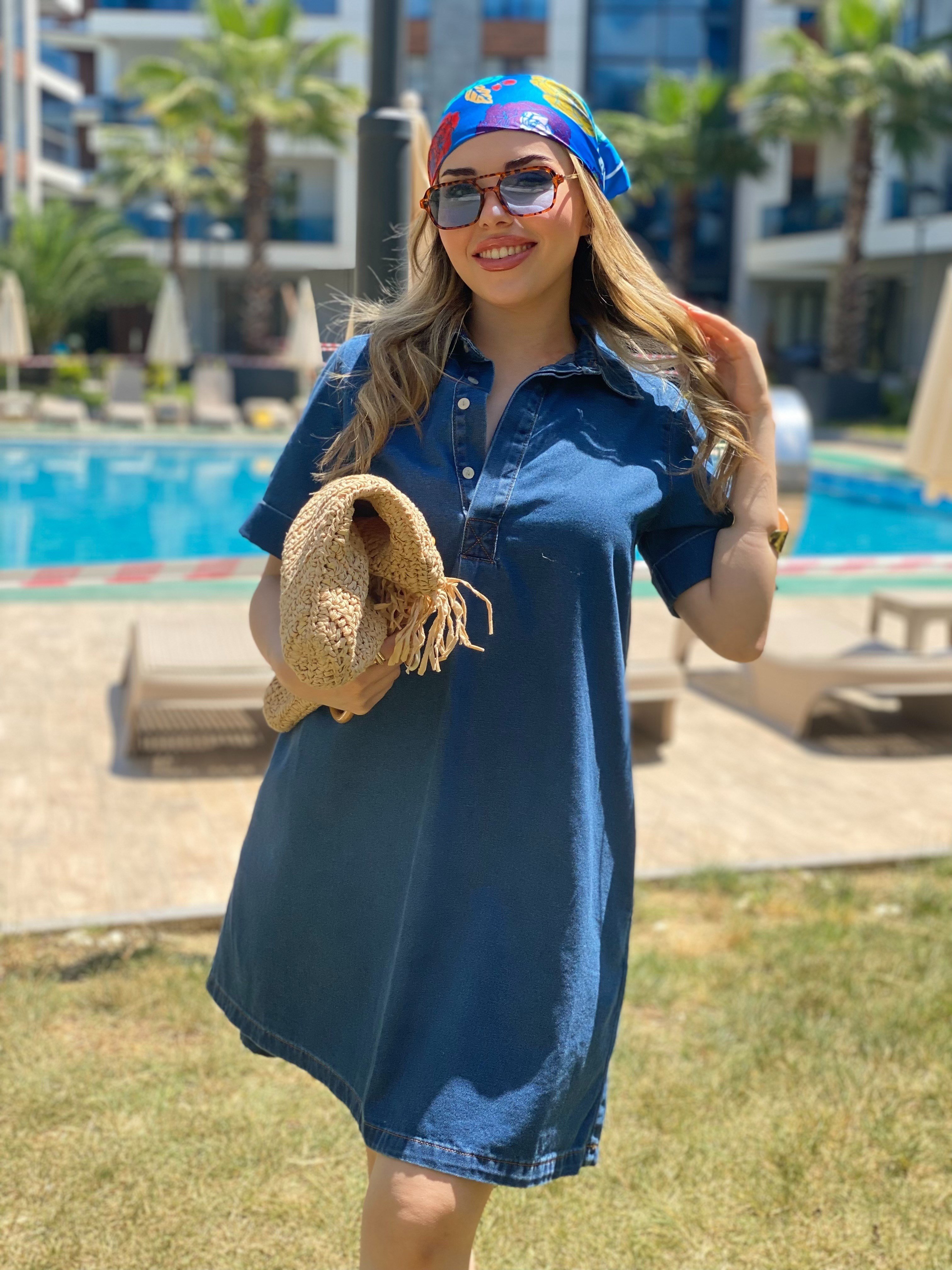 Yaka Düğmeli Denim Elbise