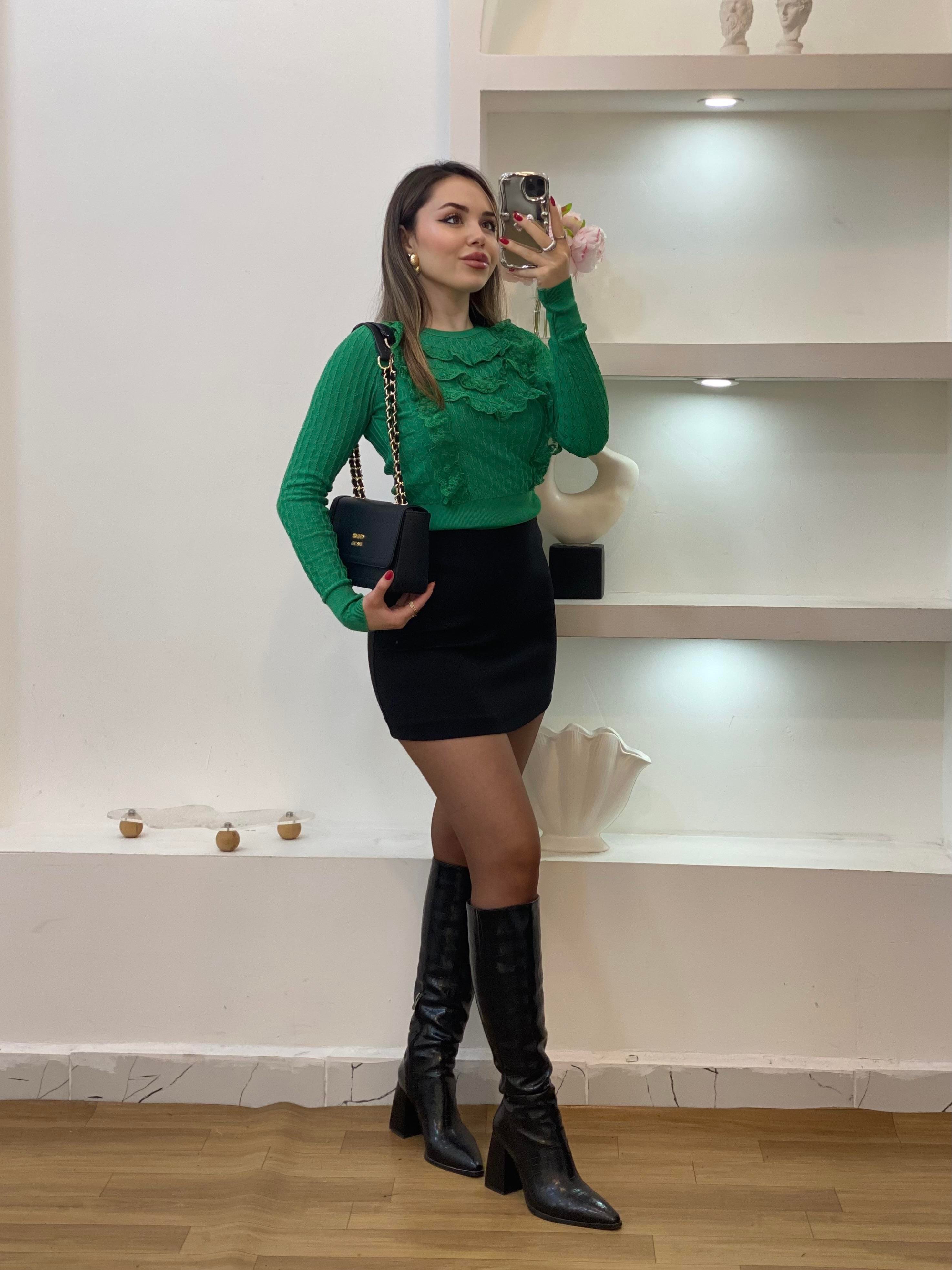 Yeşil Güpürlü Model Triko Bluz