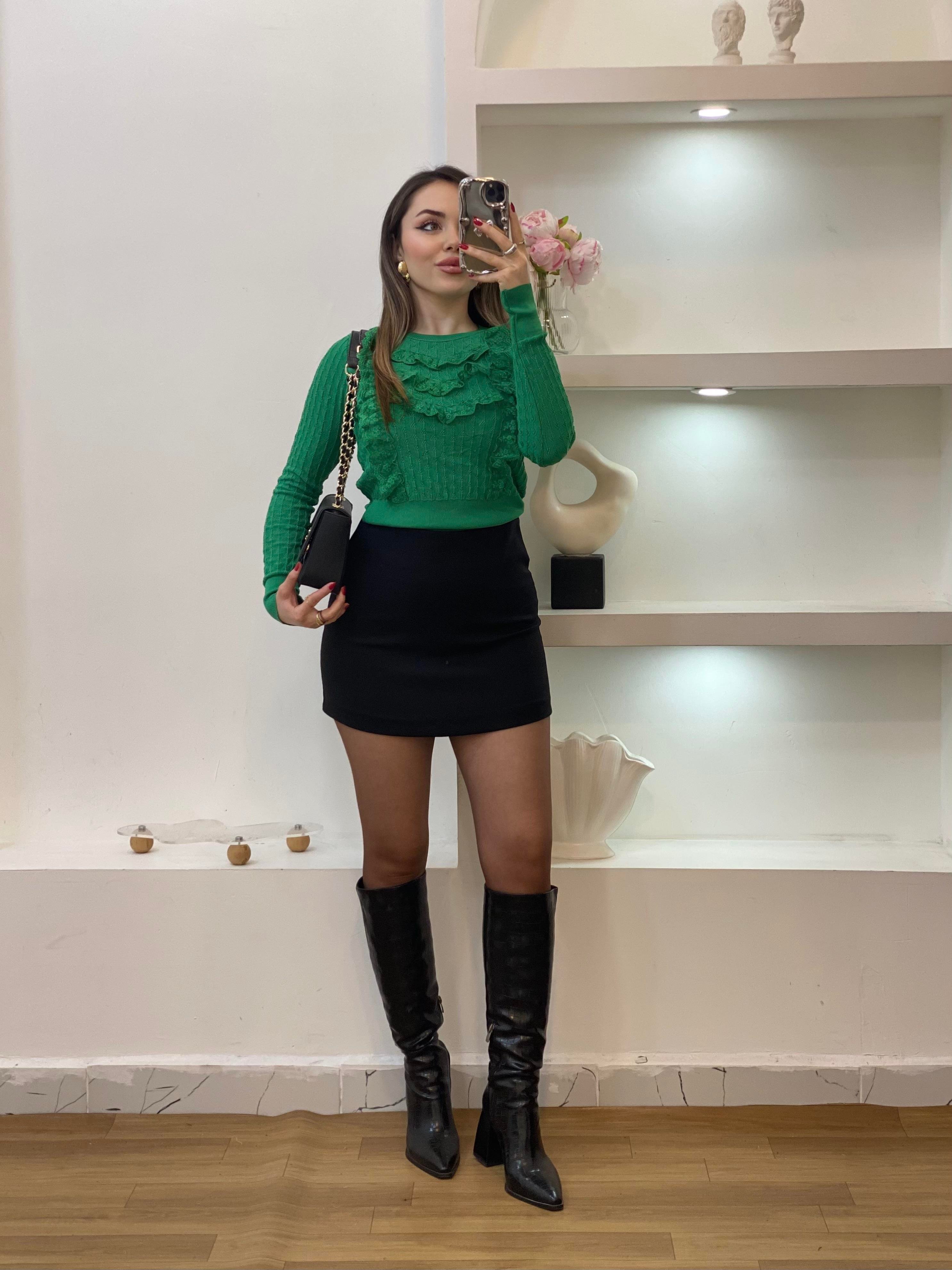 Yeşil Güpürlü Model Triko Bluz