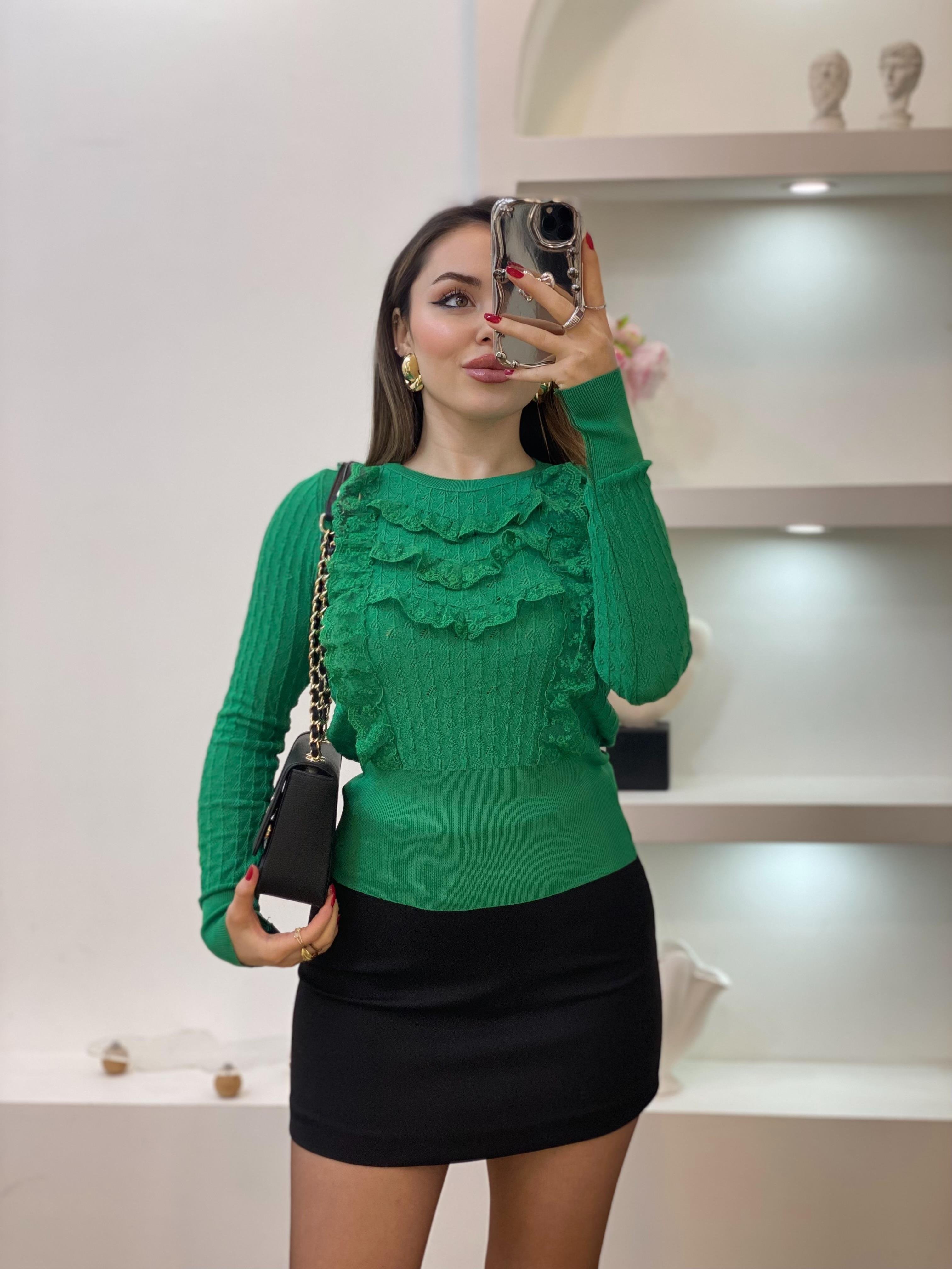 Yeşil Güpürlü Model Triko Bluz