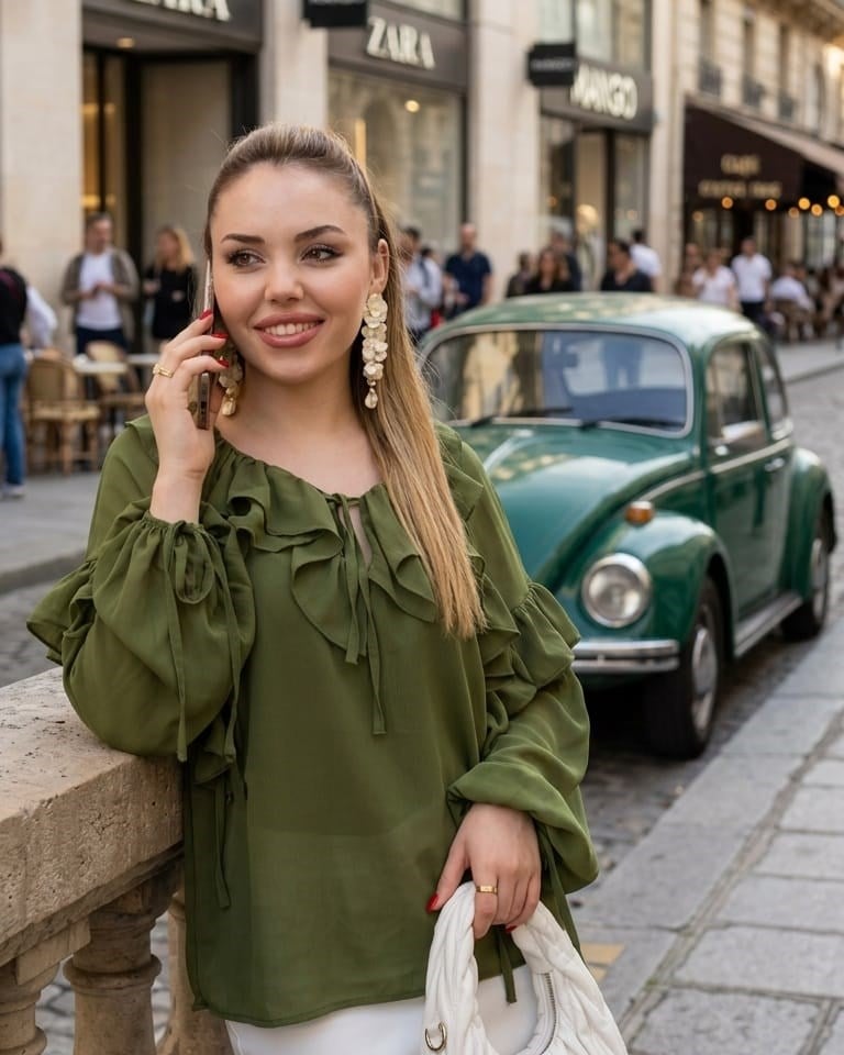 Yeşil Lüx Kalite Yaka Volanlı Bluz
