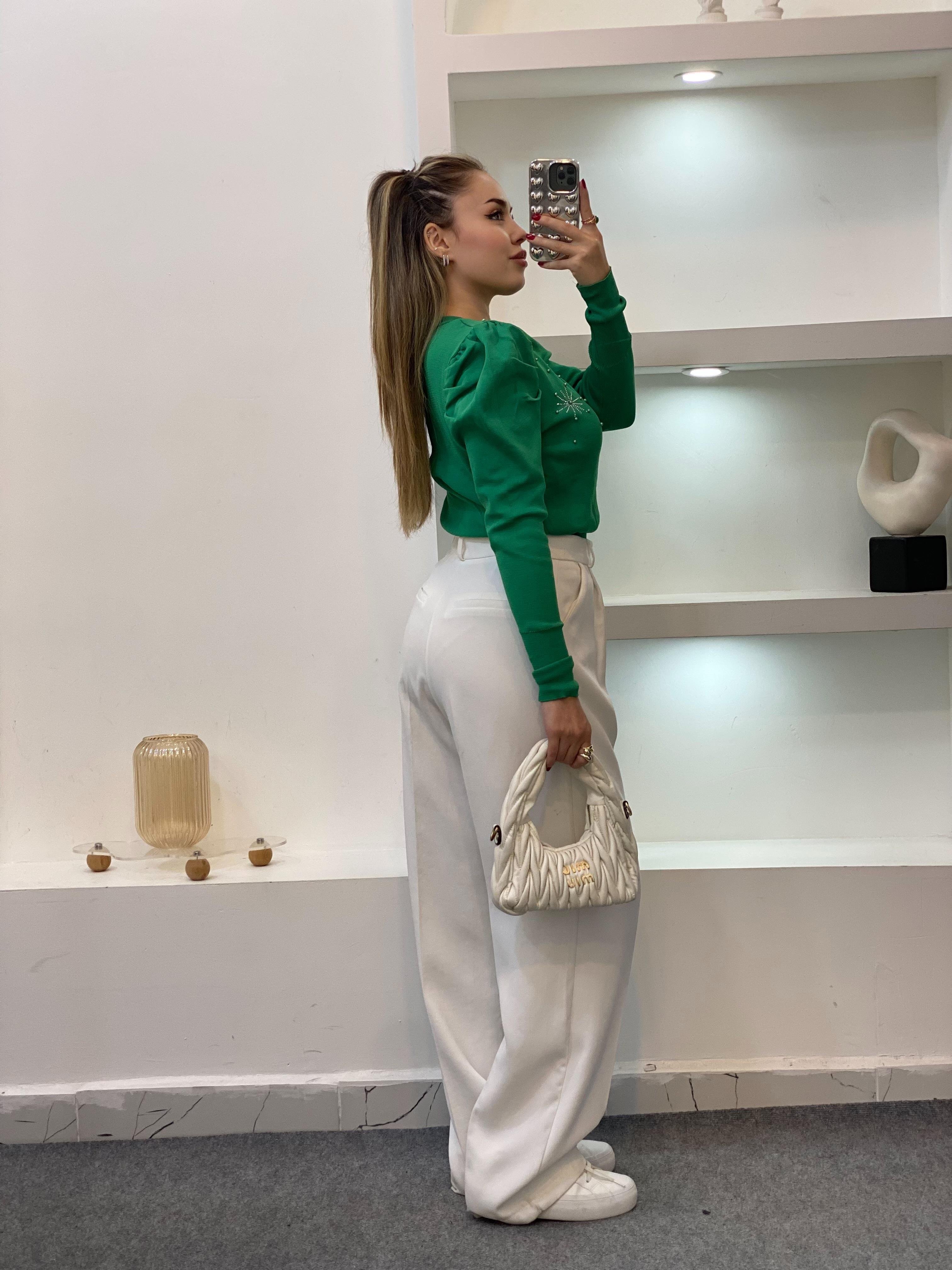 Yeşil Önü Mini Pencereli Taşlı Triko Bluz